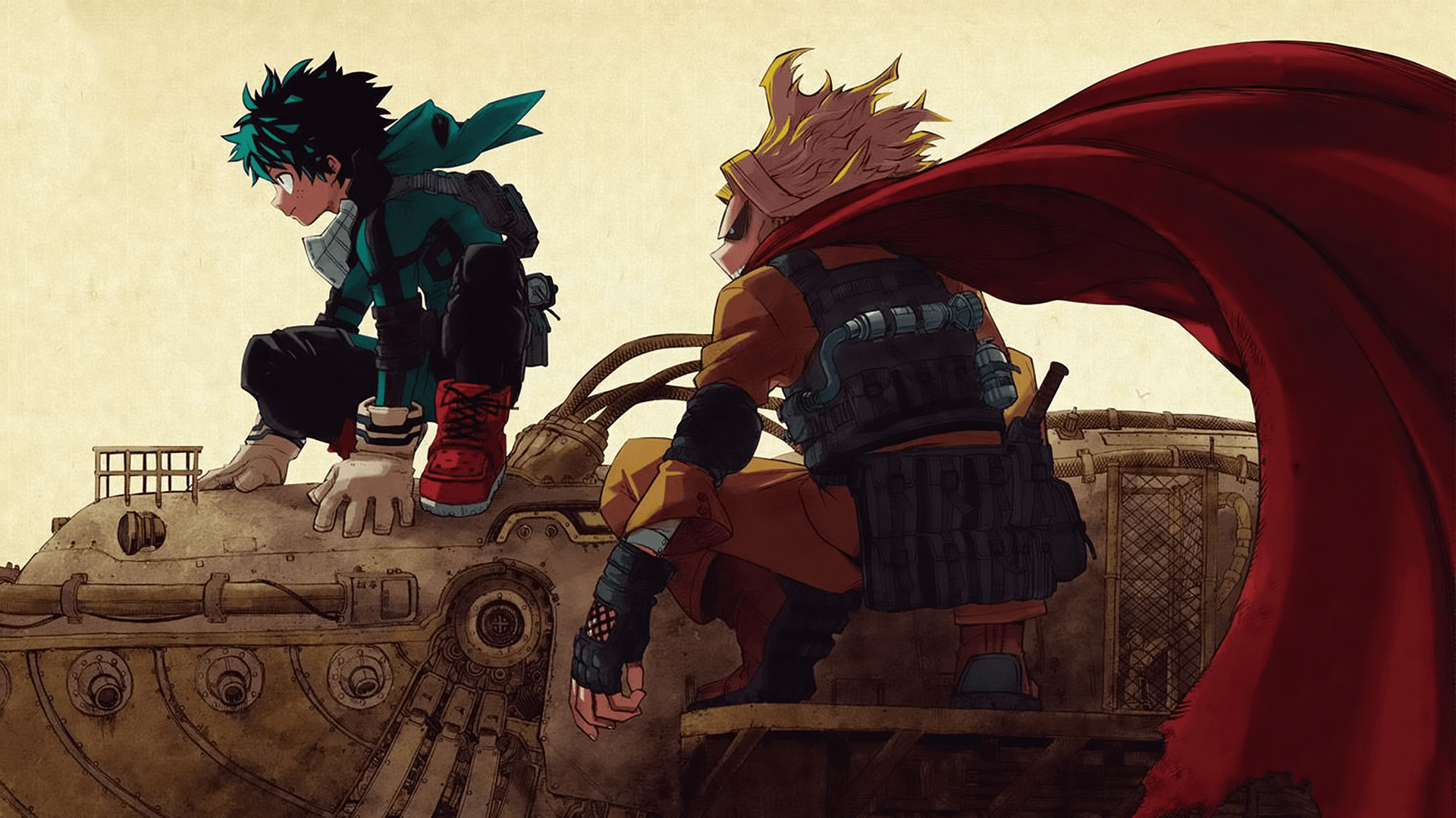 Izuku Midoriya, All Might, My Hero Academia, Mantello rosso, Seppia, sfondo desktop 1080p