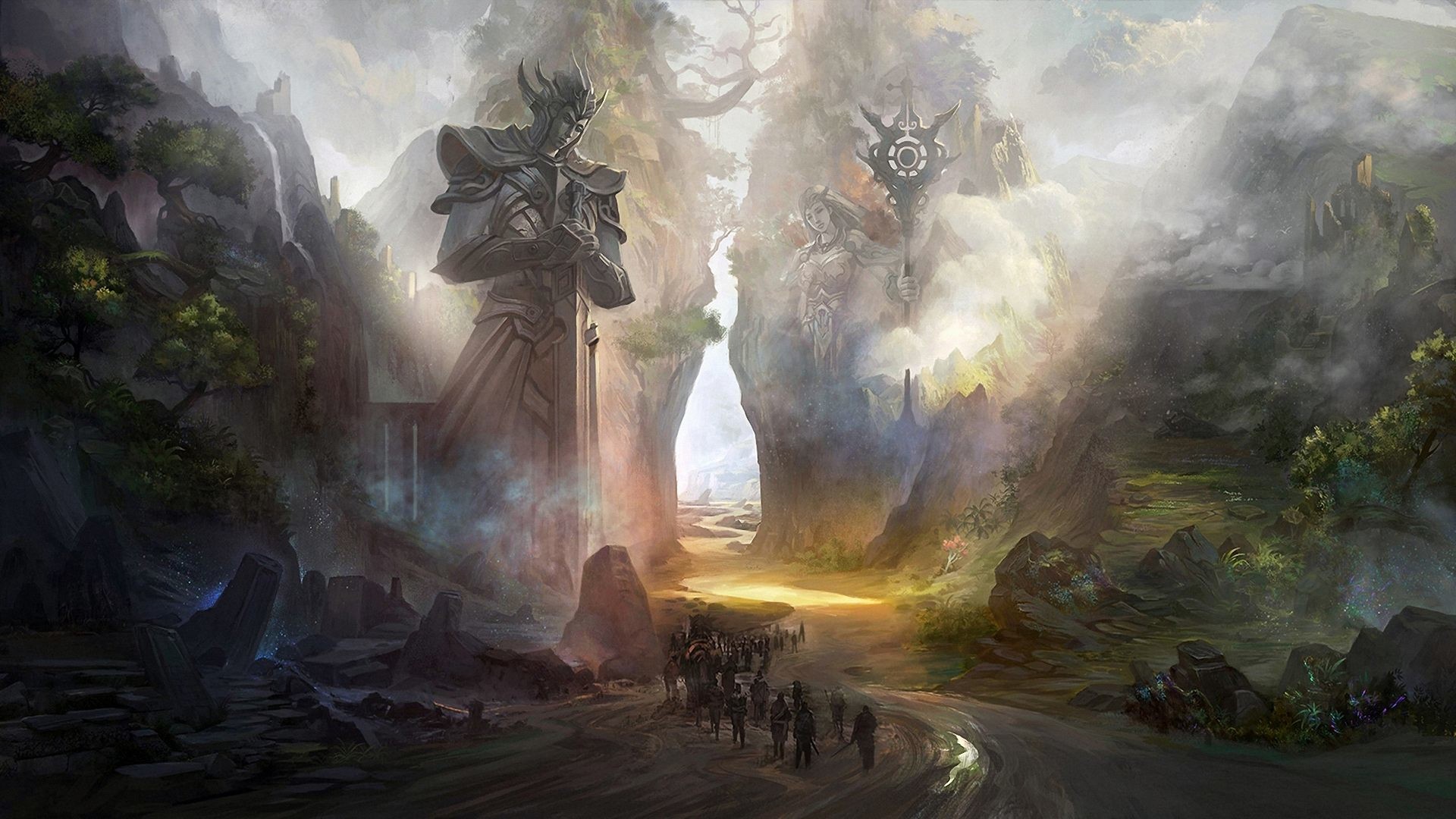 Statue giganti, Canyon, Carovana, Arte fantasy, Full HD, sfondo per portatile