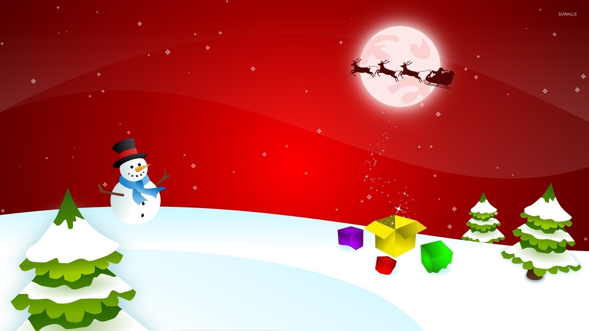Pupazzo di neve, Babbo Natale, Slitta, Luna, Rosso, Full HD, sfondo per PC e portatile