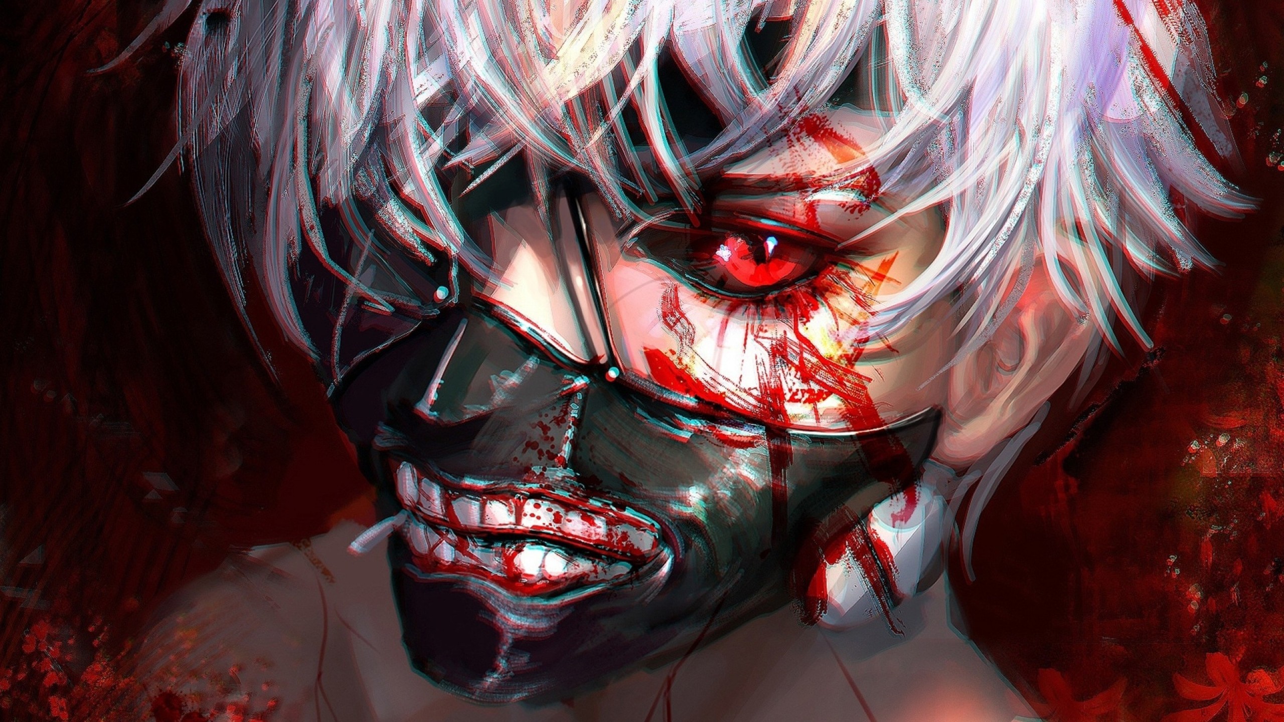 Ken Kaneki, Tokyo Ghoul, Maschera da ghoul, Occhio rosso, Primo piano, sfondo widescreen 2K