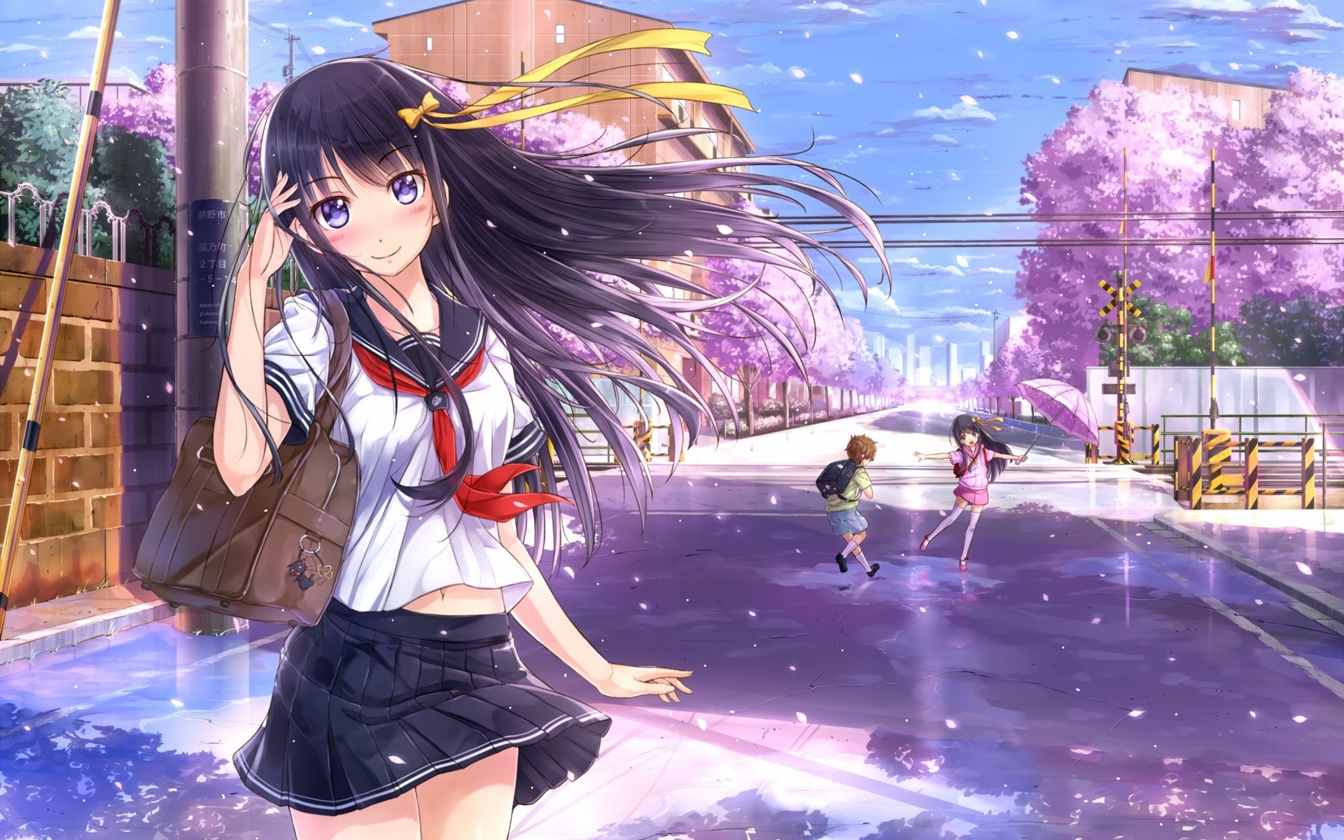 Ragazza anime, Uniforme alla marinara, Ciliegi in fiore, Strada, sfondo widescreen Full HD