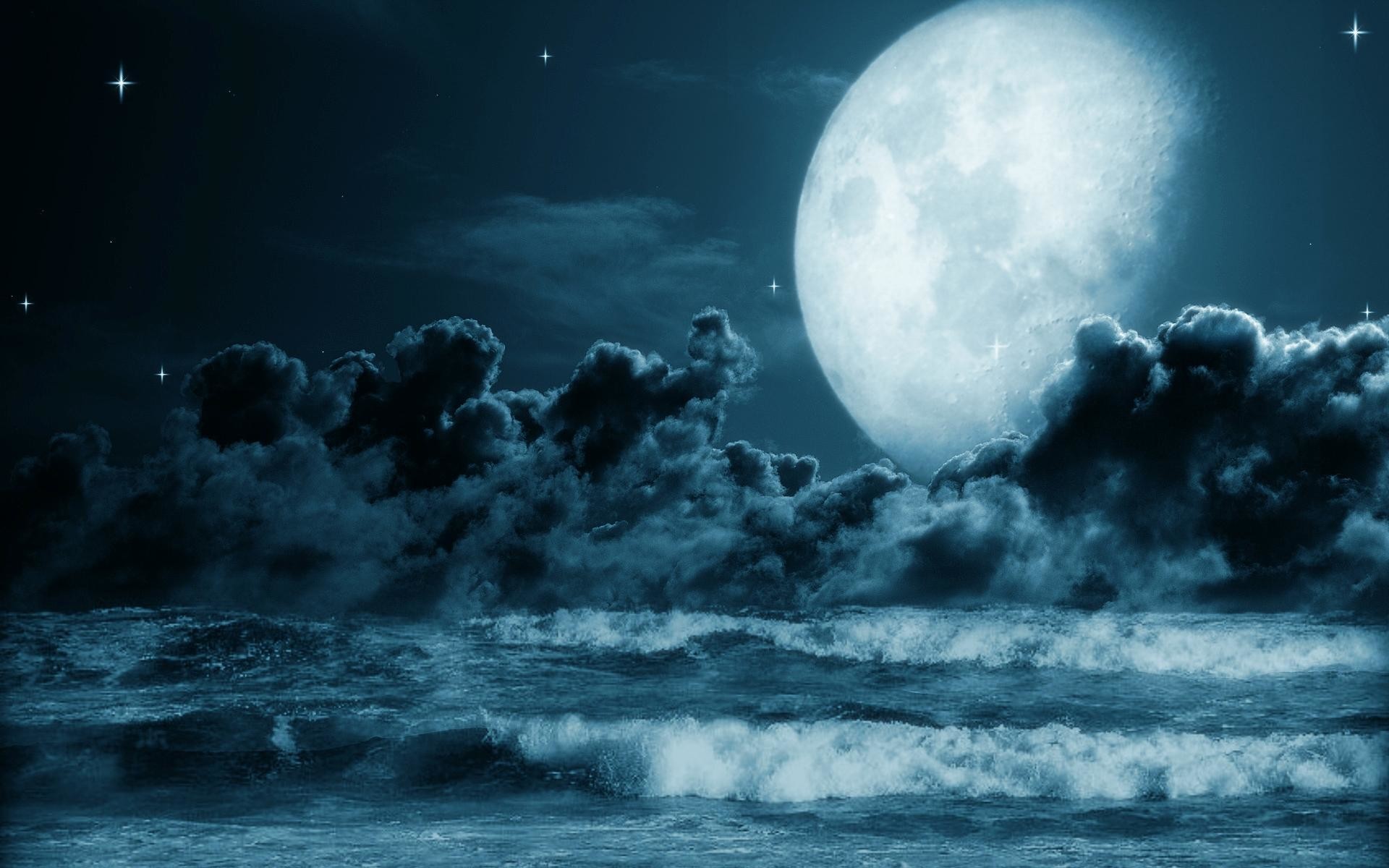 Luna piena, Onde, Nuvole, Mare in tempesta, 16:10 Full HD, wallpaper widescreen