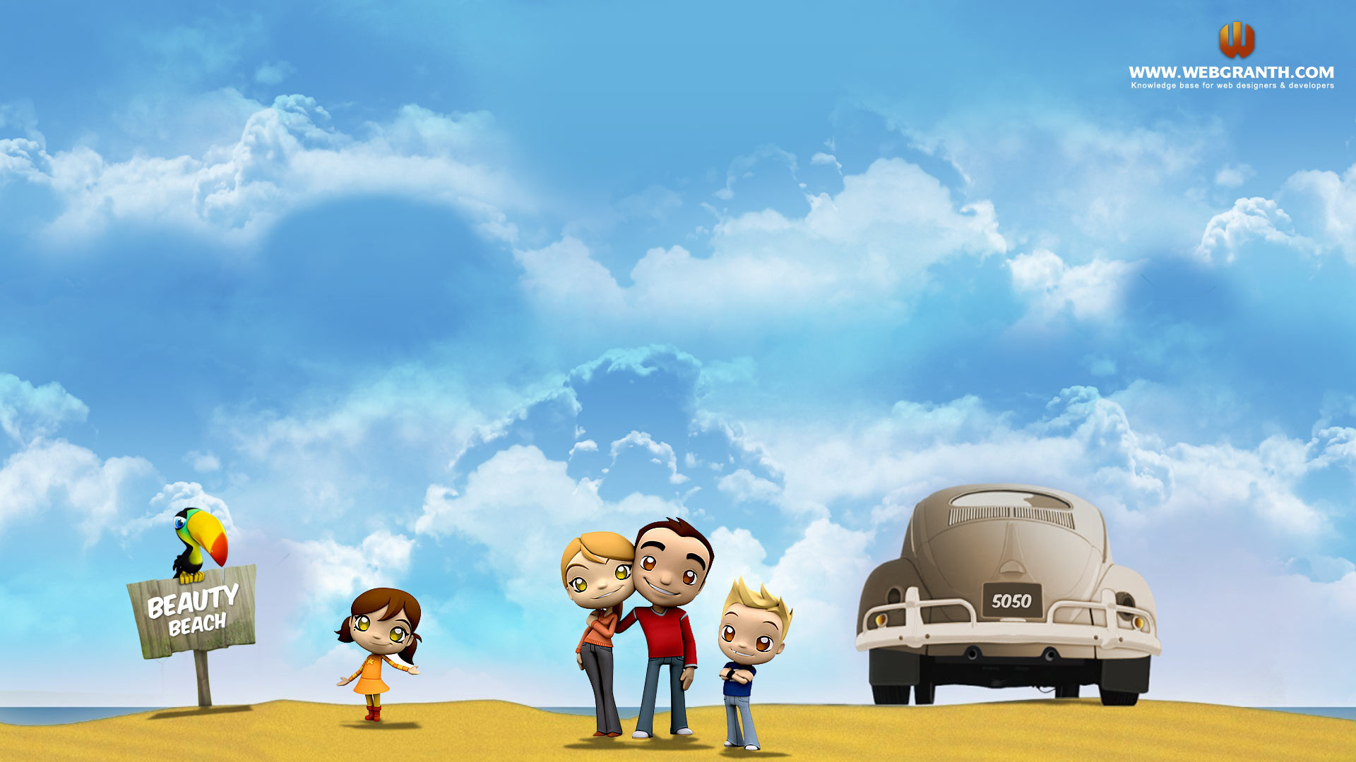 Cartoni animati, Spiaggia, Cielo, Auto d'epoca, 1920x1080, sfondo per PC