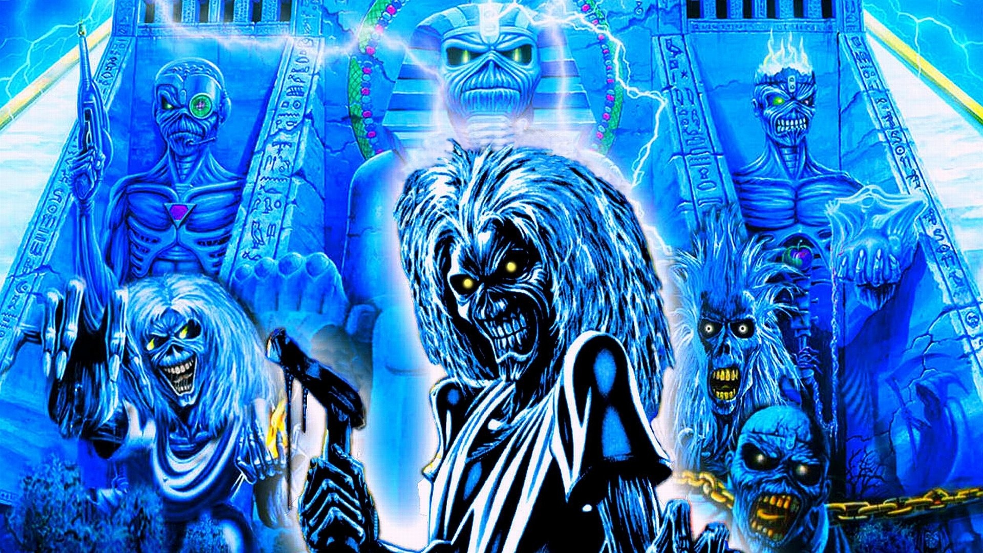 Eddie, Iron Maiden, Collage, Copertine album, Toni blu, 16:9 Full HD, sfondo widescreen