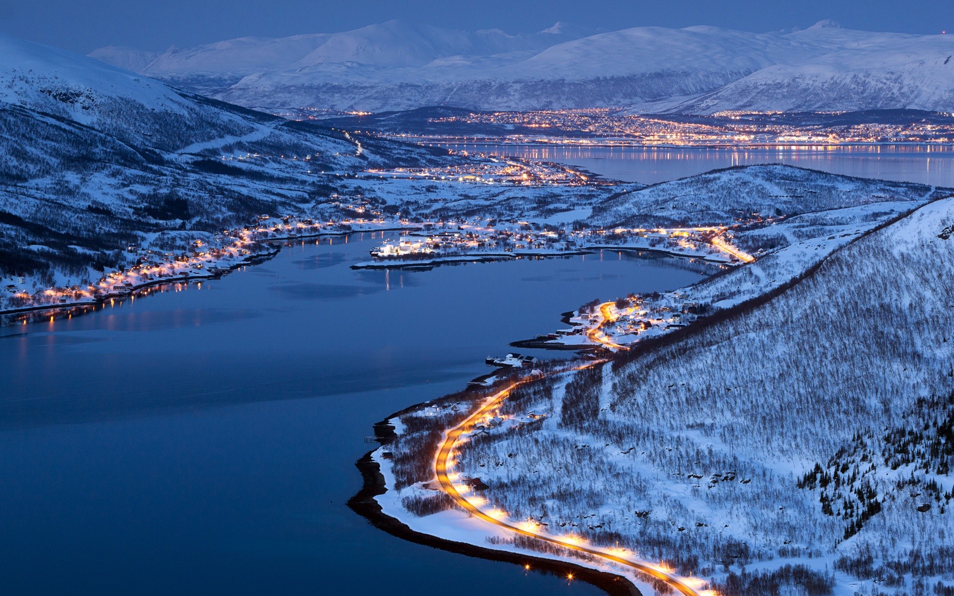 Tromsø, Norvegia, Fiordo, Luci, Crepuscolo, 1920x1200, wallpaper desktop