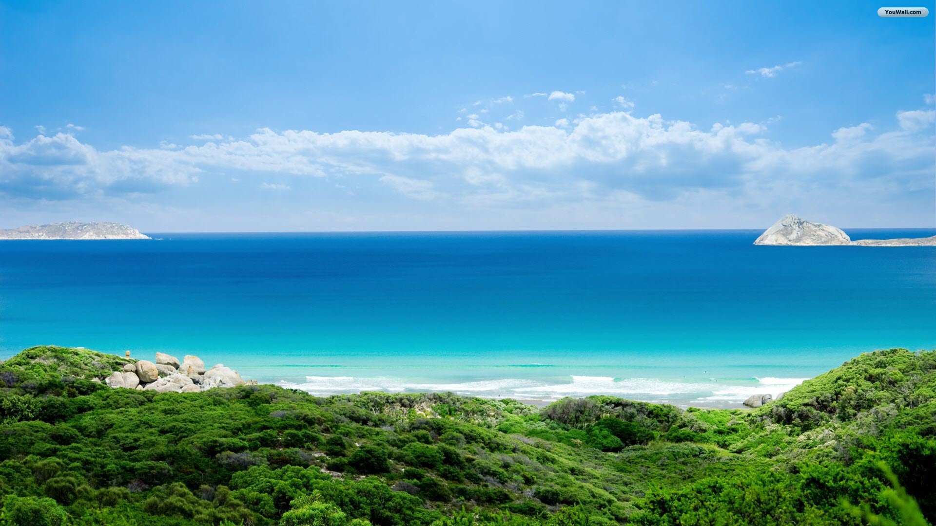 Mare, Costa, Acqua turchese, Vegetazione, Cielo azzurro, 16:9 Full HD, sfondo widescreen