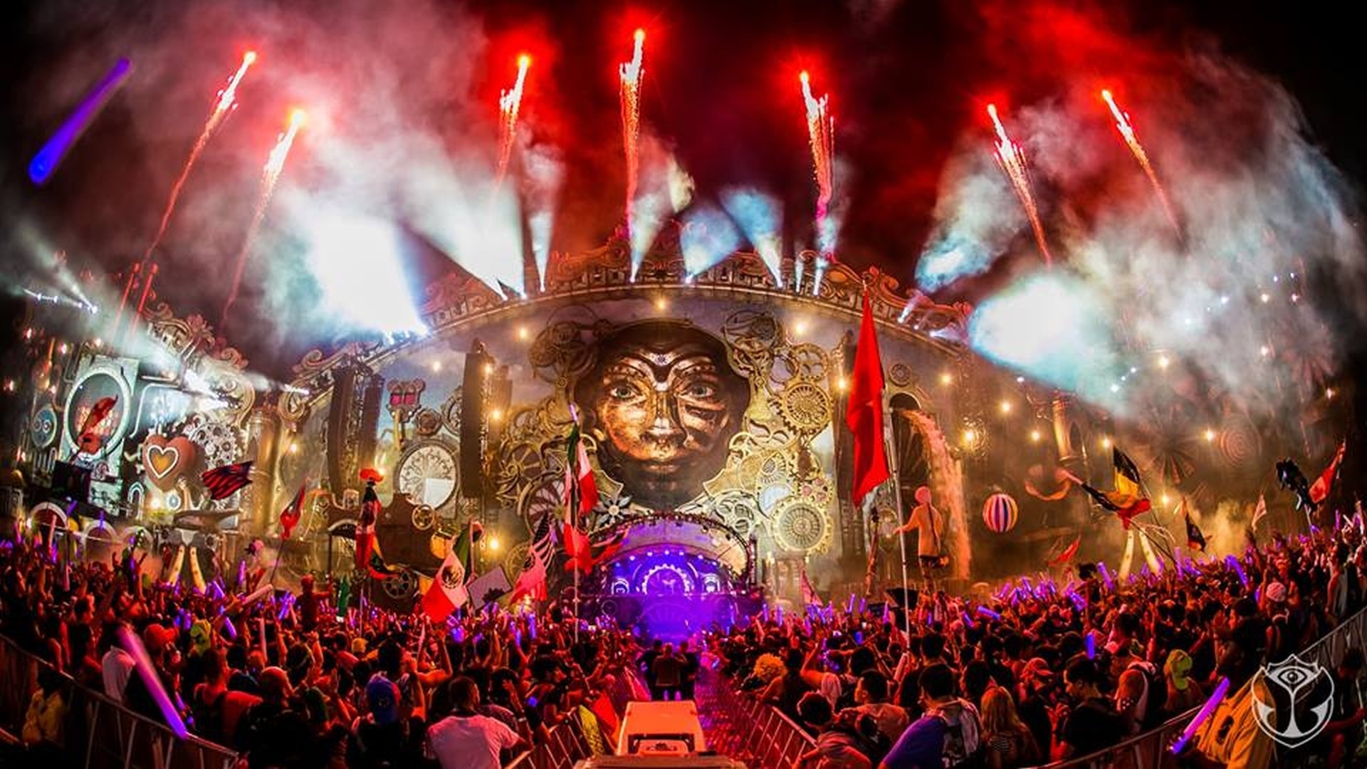 Tomorrowland, Main stage, Fuochi pirotecnici, Folla, 1920x1080, sfondo per PC