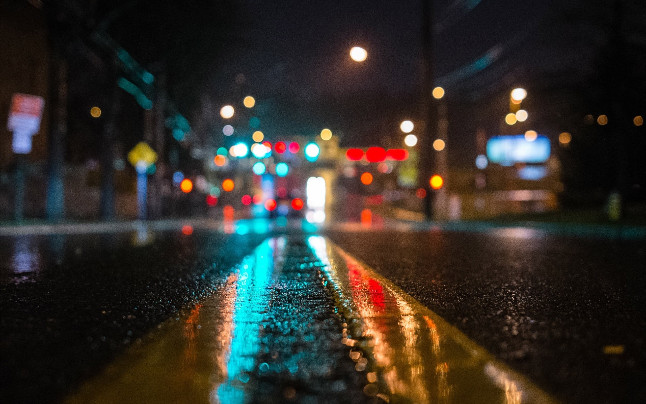 Strada notturna, Asfalto bagnato, Bokeh, Luci, 2K, wallpaper per computer