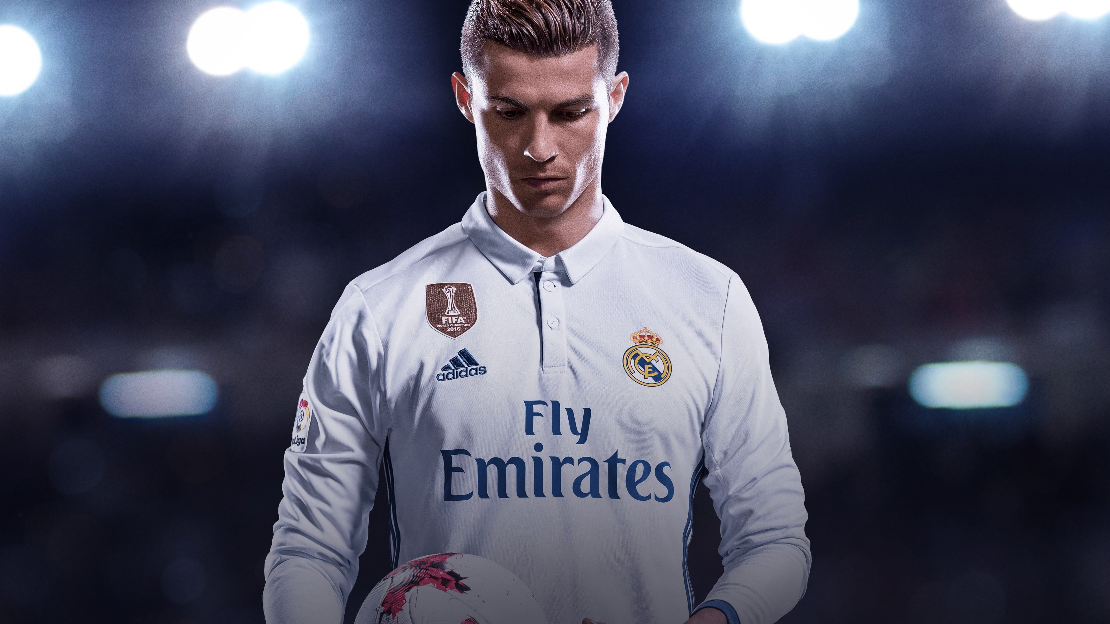 Cristiano Ronaldo, Real Madrid, FIFA 18, Luci dello stadio, 3840x2160, sfondo per PC
