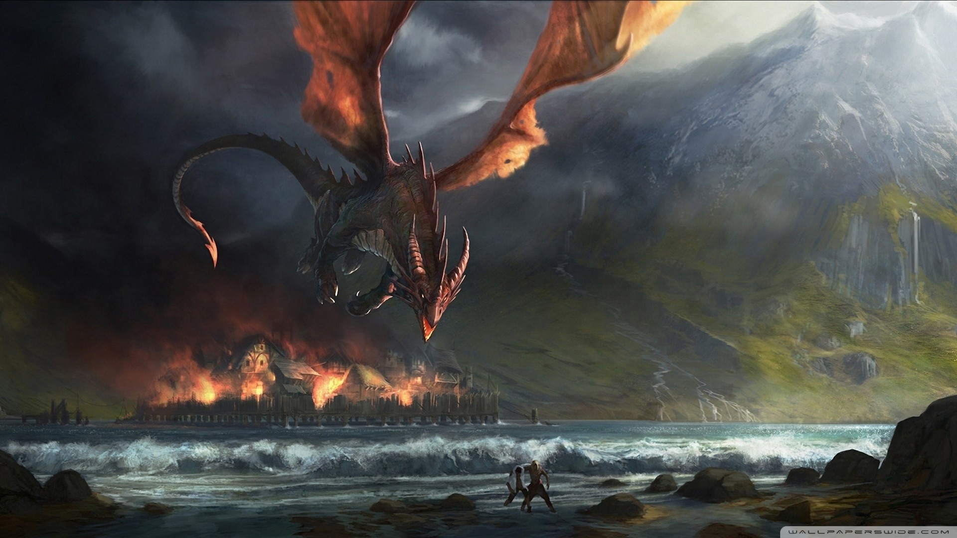 Drago, Villaggio in fiamme, Costa, Montagne, Full HD, sfondo per PC e portatile