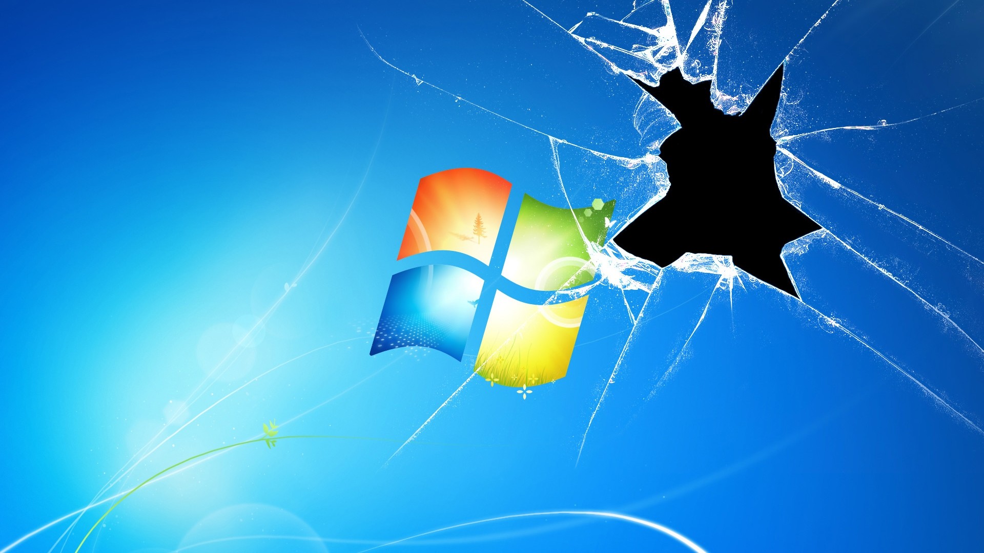 Windows 7, Vetro rotto, Logo, Sfondo blu, Full HD, wallpaper per desktop