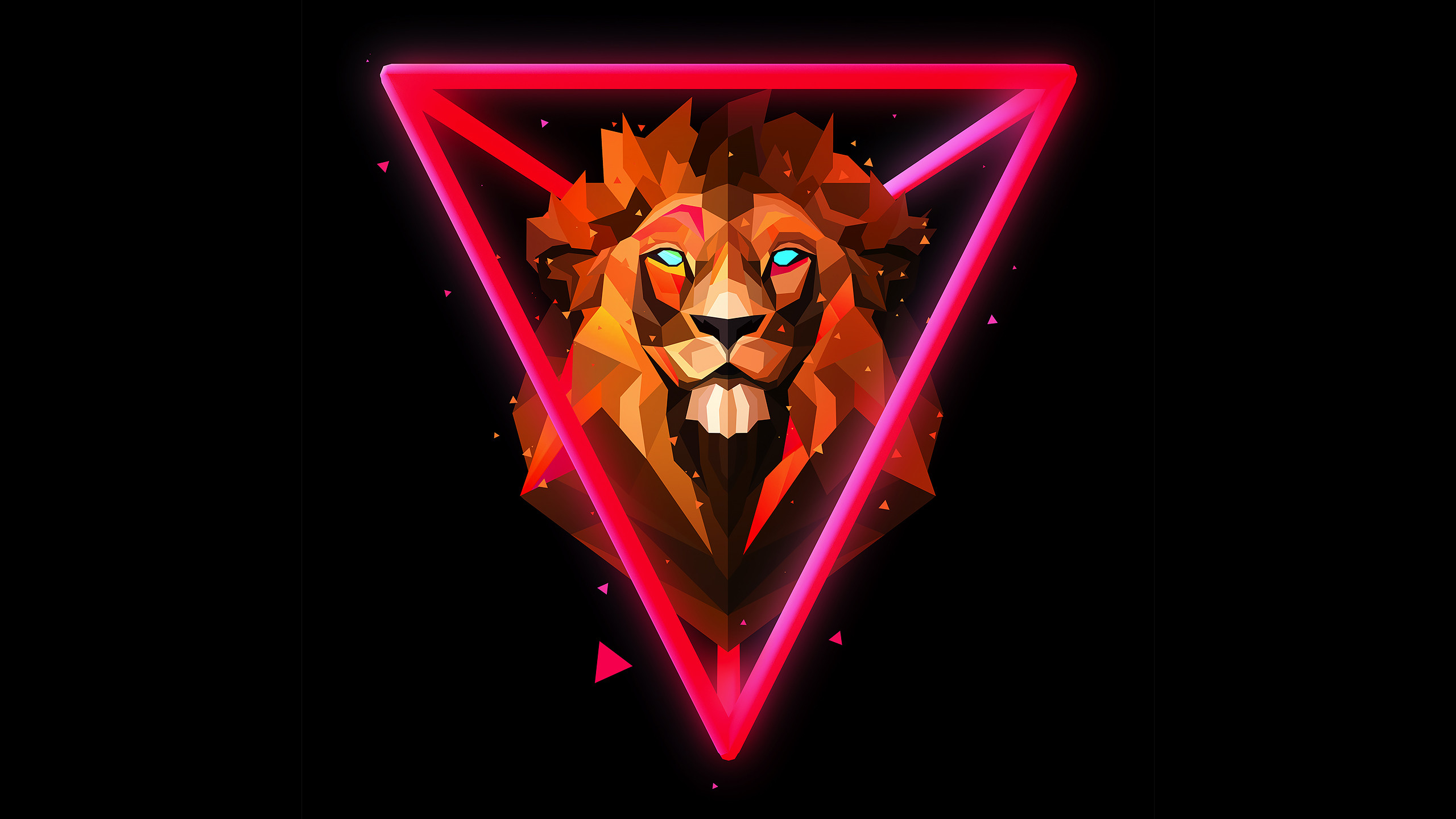 Leone, Triangolo, Neon, Low poly, 2K, sfondo per portatile