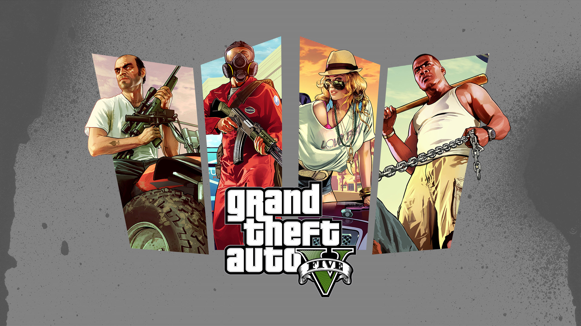 GTA V, Trevor Philips, Franklin Clinton, Logo, Sfondo grigio, 1920x1080, wallpaper desktop