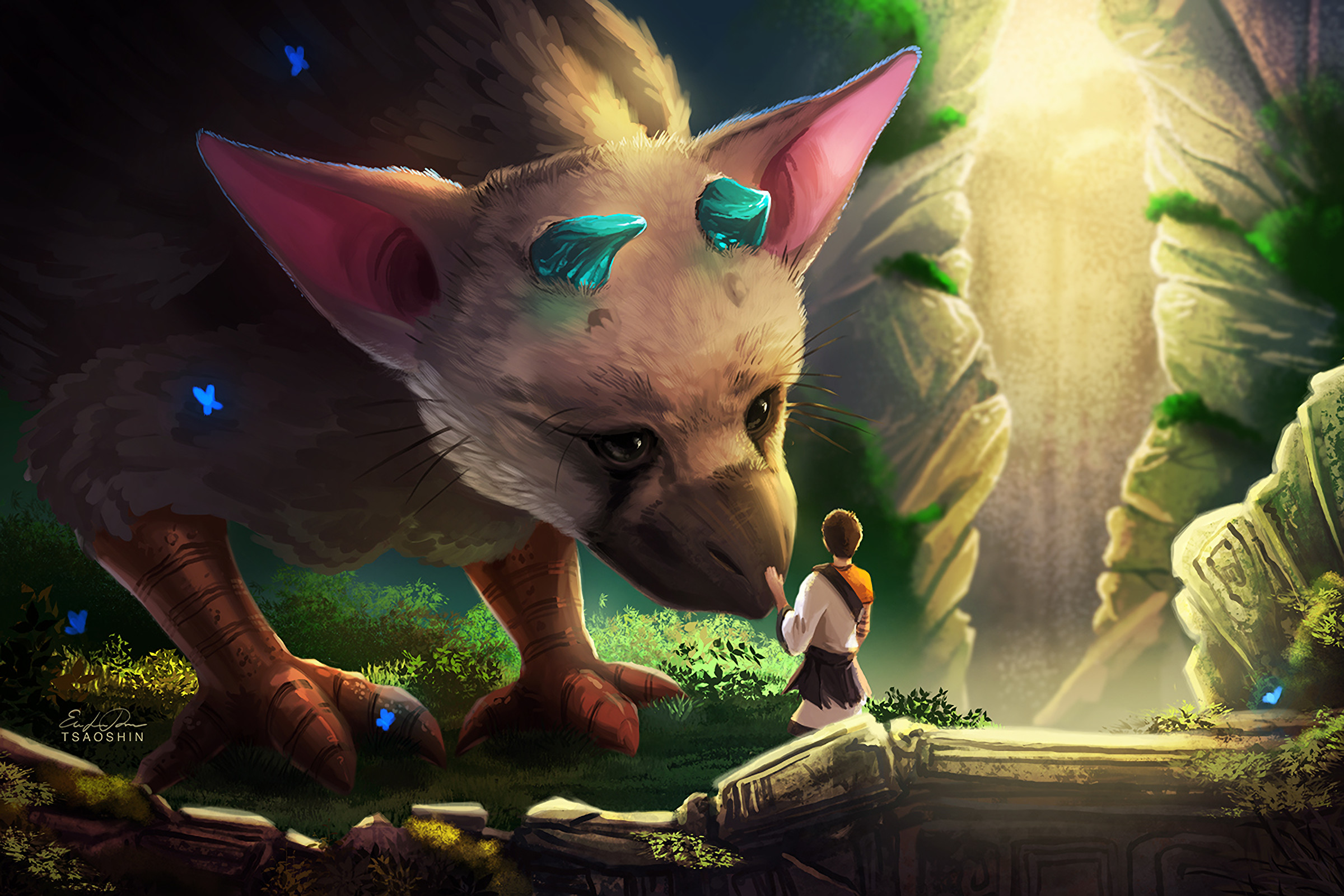 Trico, The Last Guardian, Ragazzo, Fan art, Farfalle, Full HD, sfondo per PC