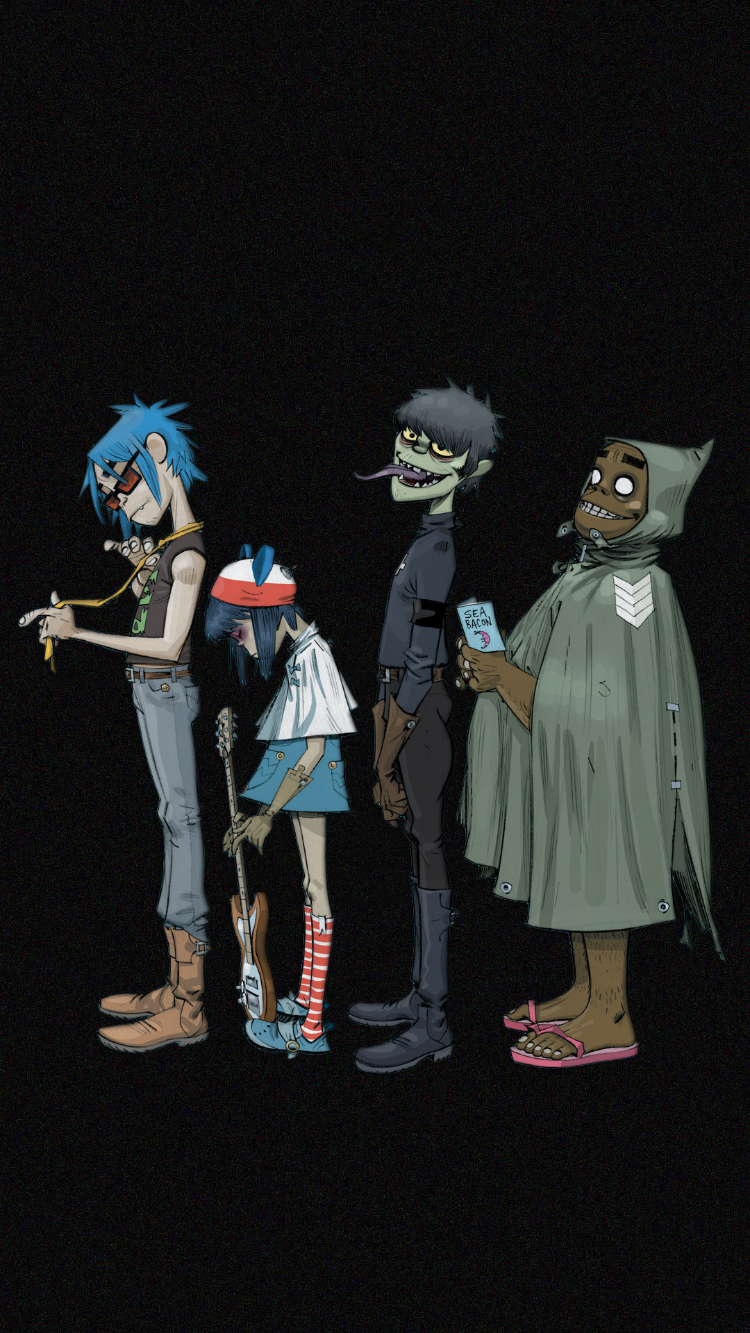 Gorillaz, 2-D, Noodle, Murdoc Niccals, Russel Hobbs, Sfondo nero, schermata di blocco smartphone