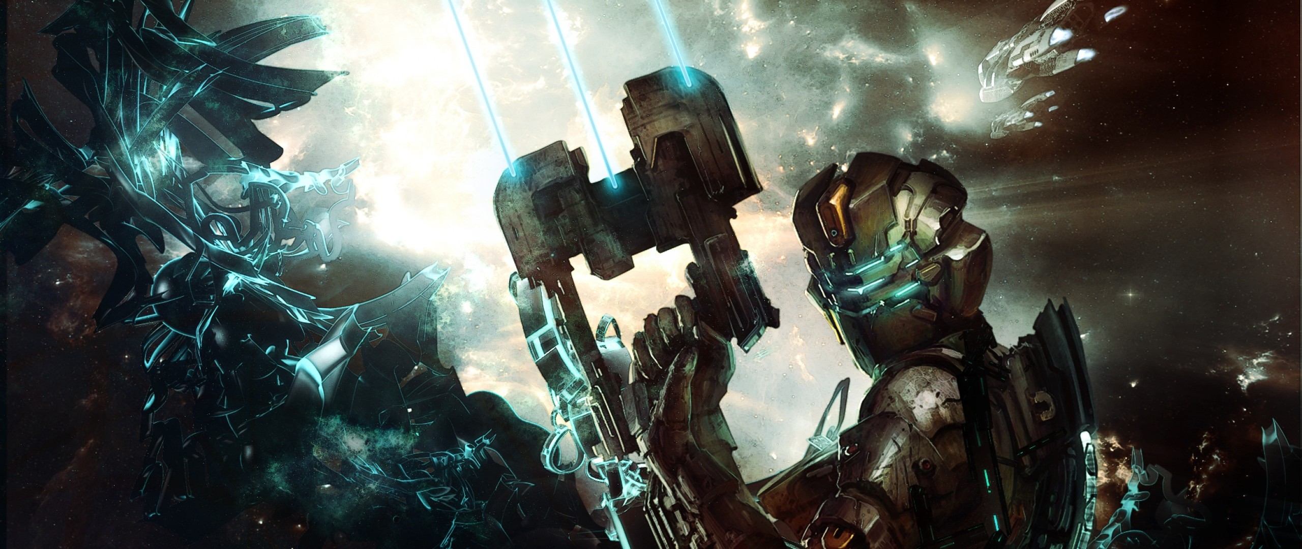 Isaac Clarke, Dead Space 2, Plasma cutter, Necromorfi, Luce ciano, sfondo 2560x1080 per PC