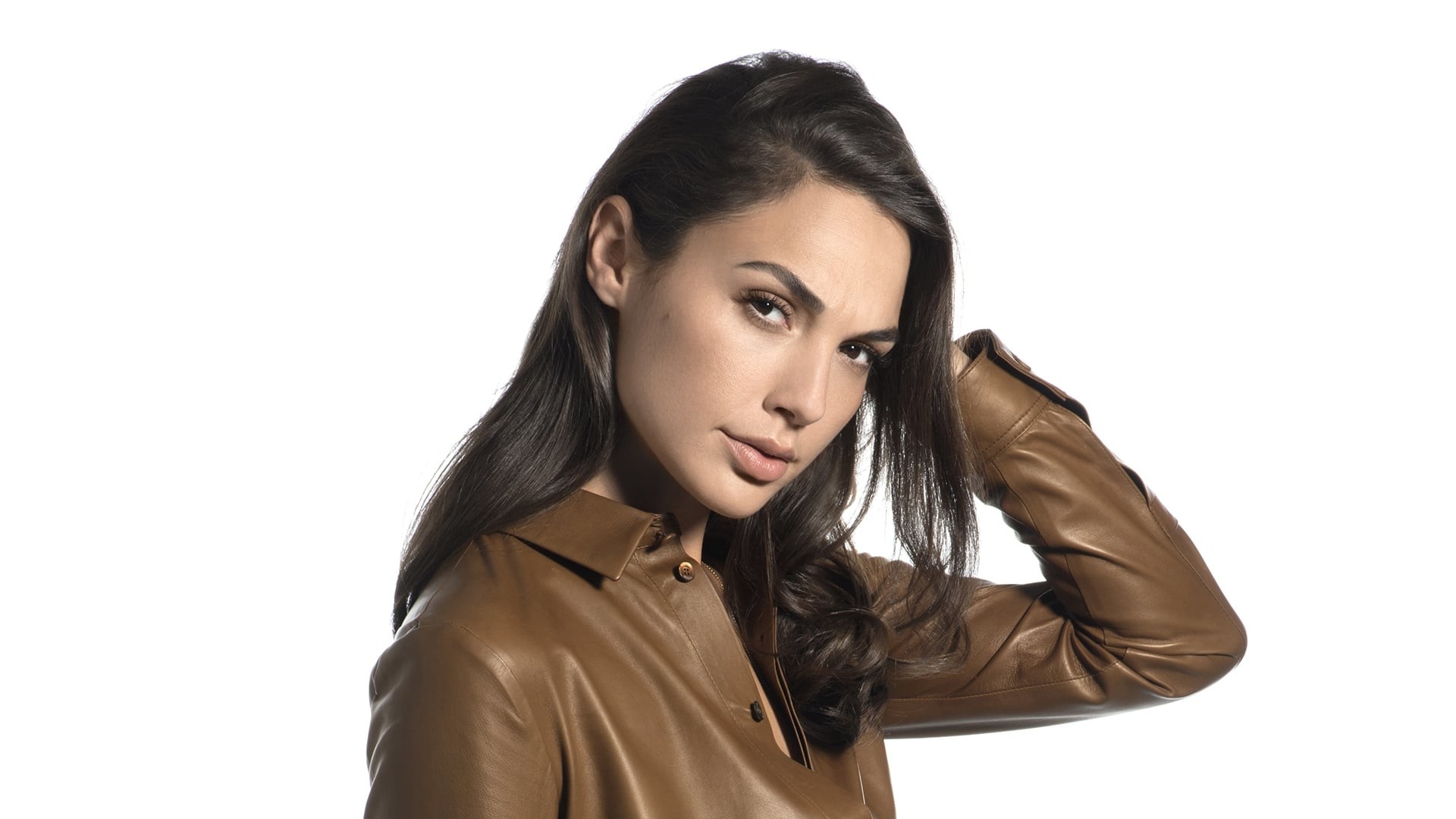 Gal Gadot, Giacca di pelle, Ritratto, Sfondo bianco, Full HD, wallpaper per PC