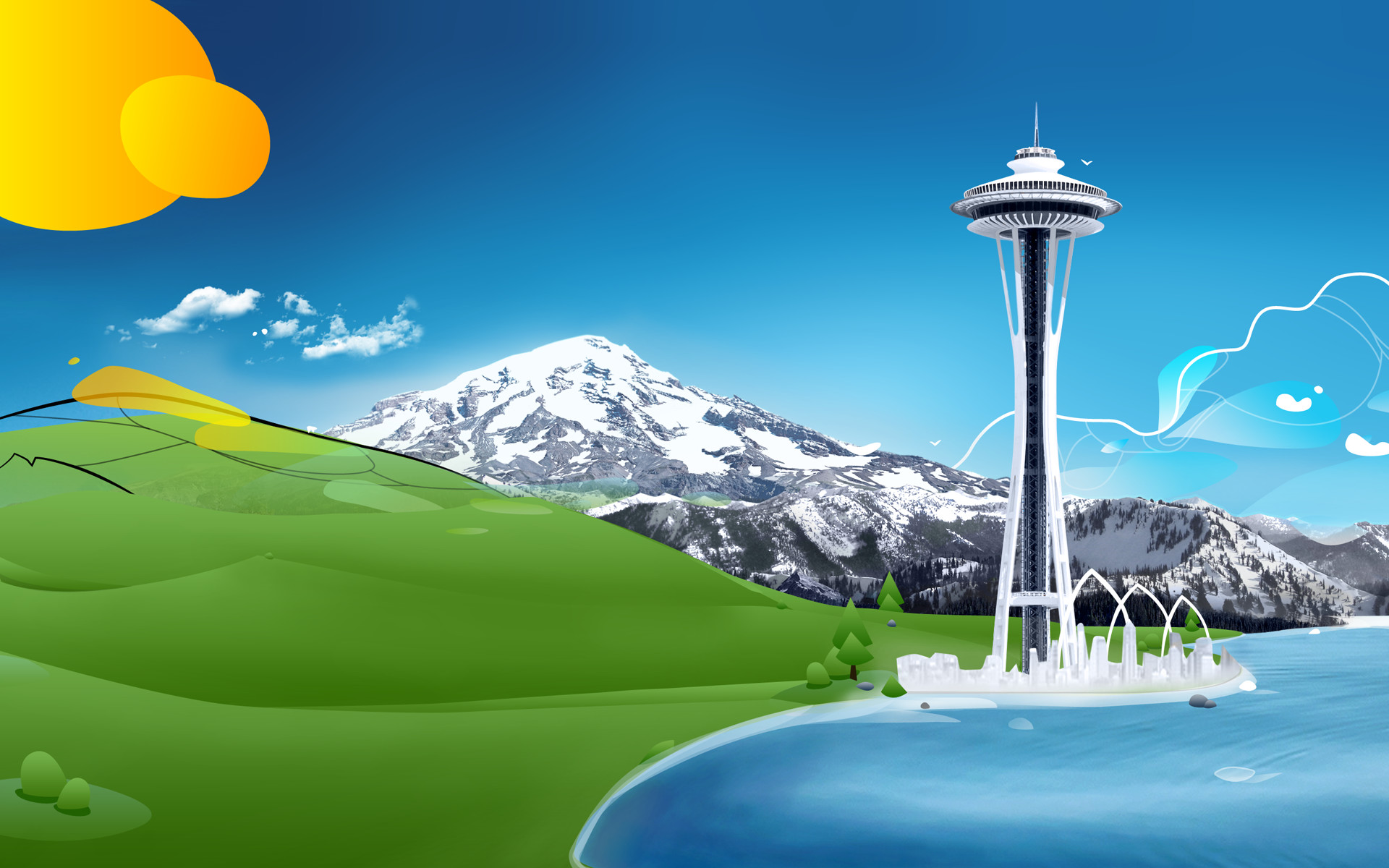 Space Needle, Seattle, Mount Rainier, Sfondo stock Windows 8, Illustrazione, wallpaper desktop
