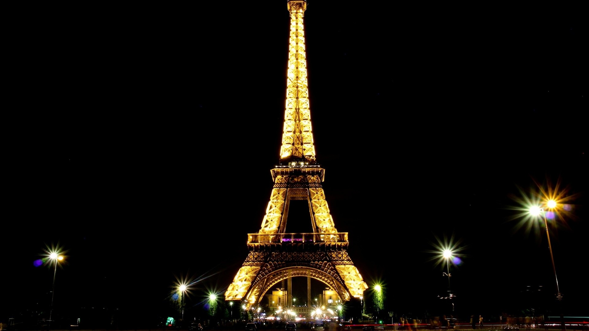 Torre Eiffel, Parigi, Notte, Illuminazione dorata, 16:9 Full HD, wallpaper widescreen
