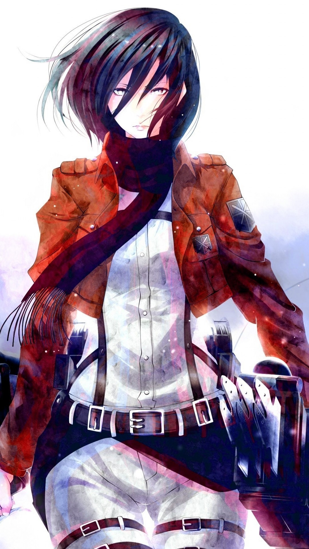 Mikasa Ackerman, L'attacco dei giganti, Sciarpa rossa, Sfondo bianco, schermata di blocco smartphone