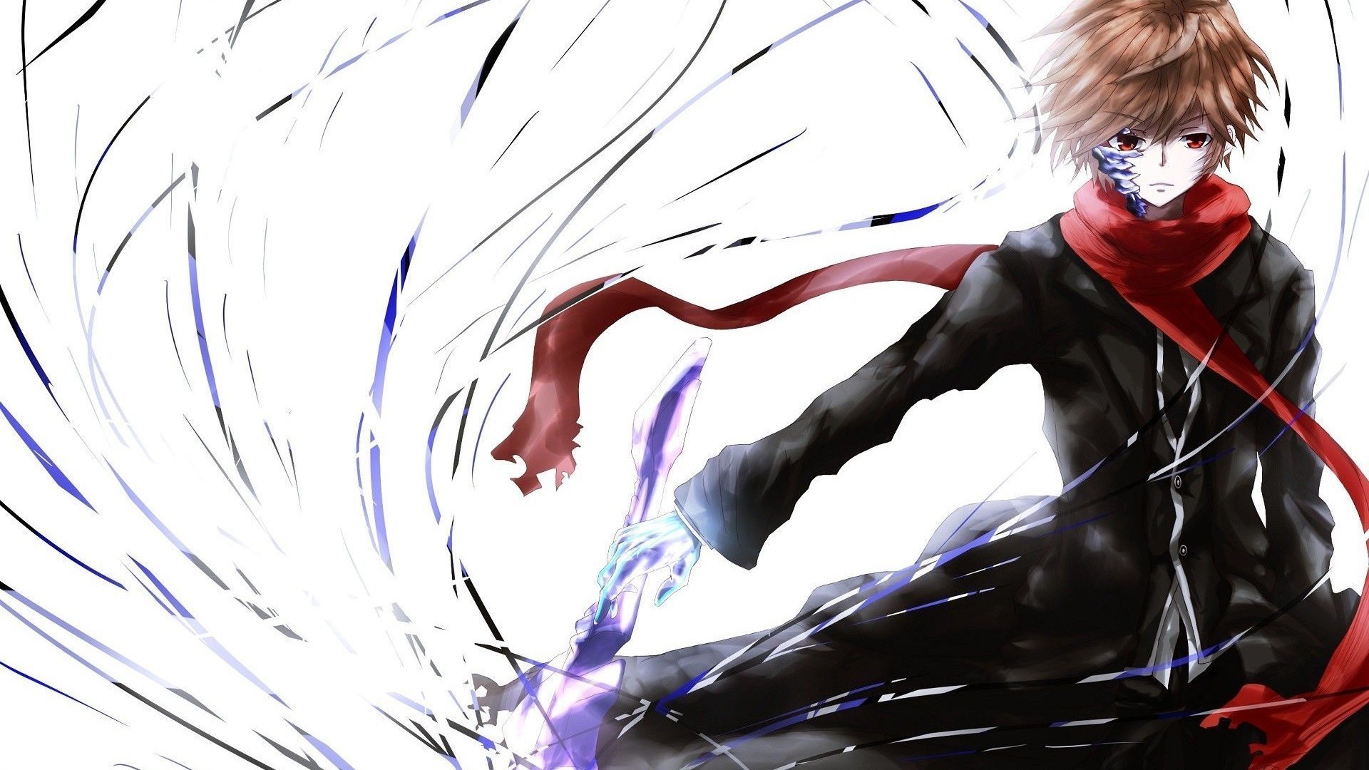 Ragazzo anime, Sciarpa rossa, Sfondo bianco, Azione, 16:9 Full HD, wallpaper widescreen