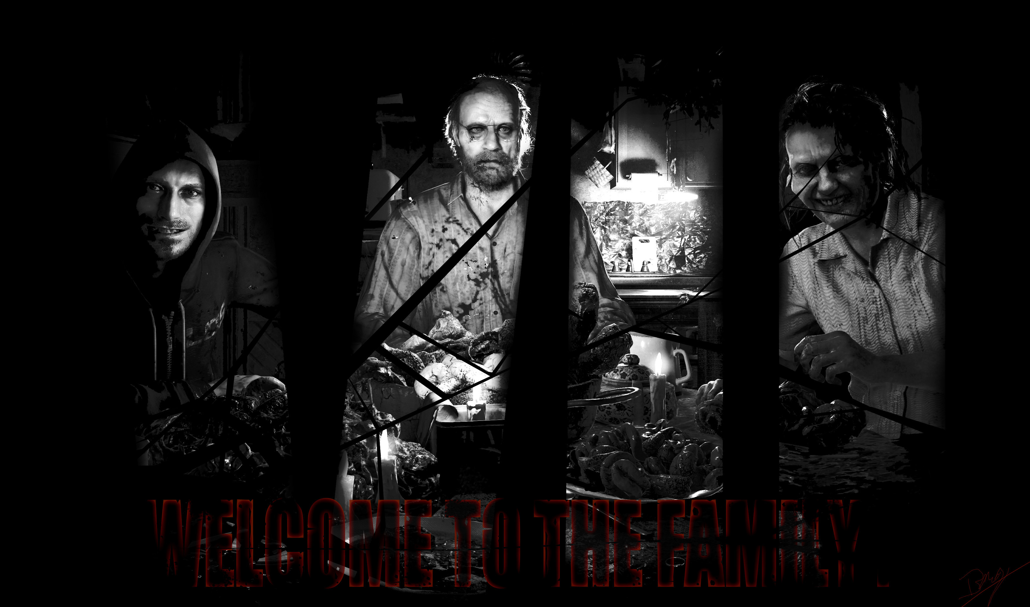 Resident Evil 7: Biohazard, Famiglia Baker, Welcome to the family, Bianco e nero, Horror, sfondo 2K