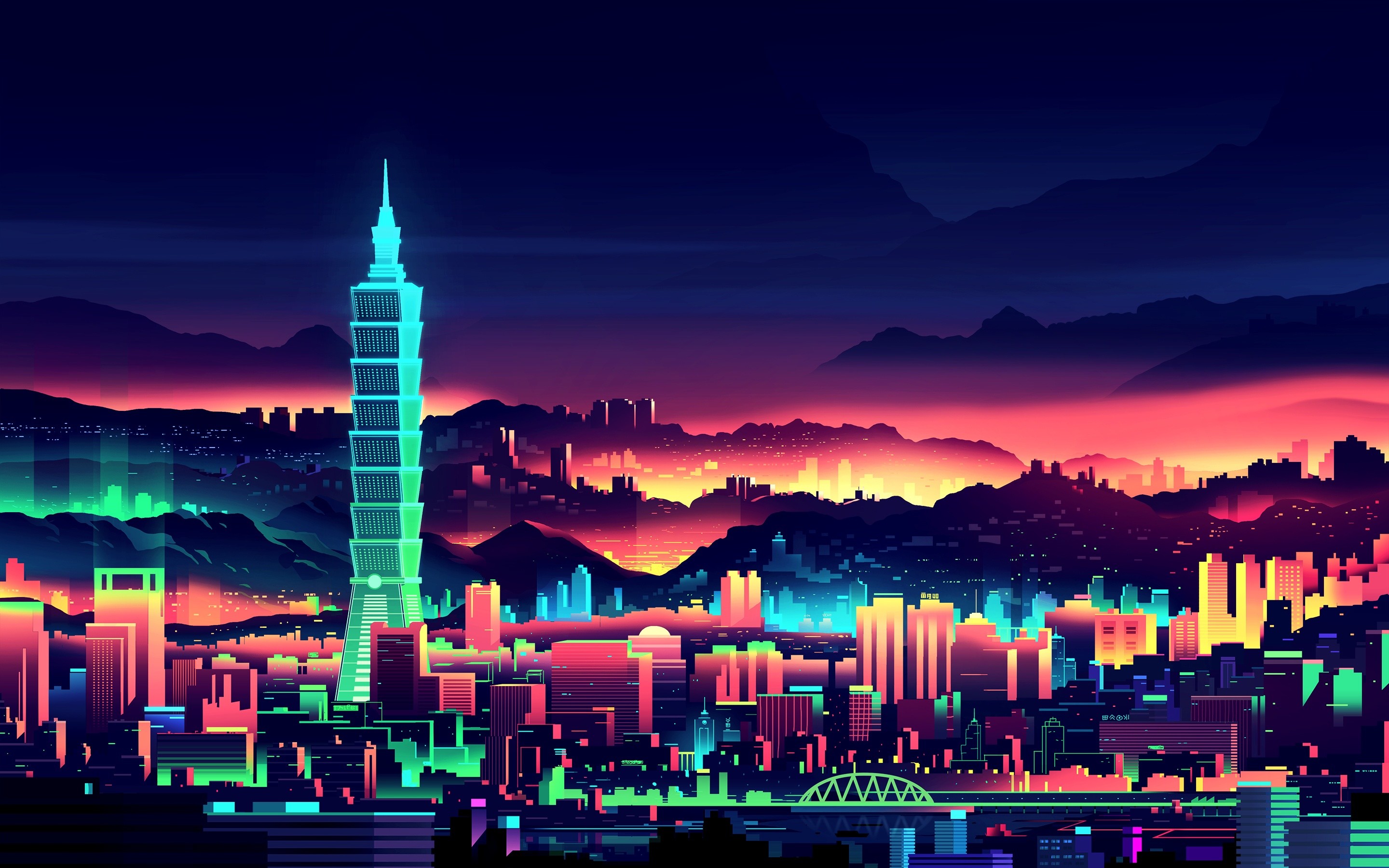 Taipei 101, Taipei, Synthwave, Skyline, Neon, 2K, sfondo Windows 11