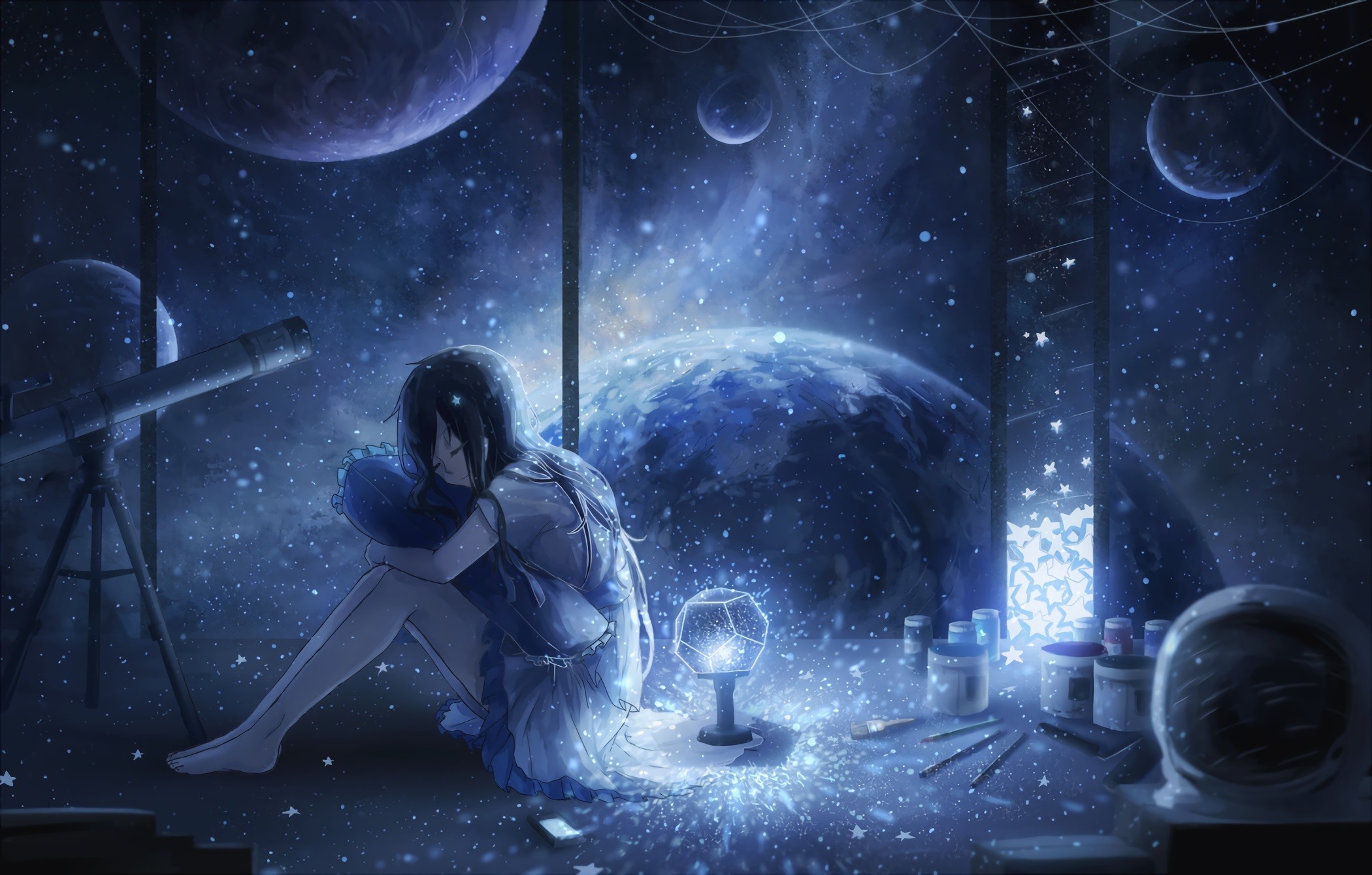 Ragazza anime, Telescopio, Pianeti, Stelle, Full HD, sfondo per PC