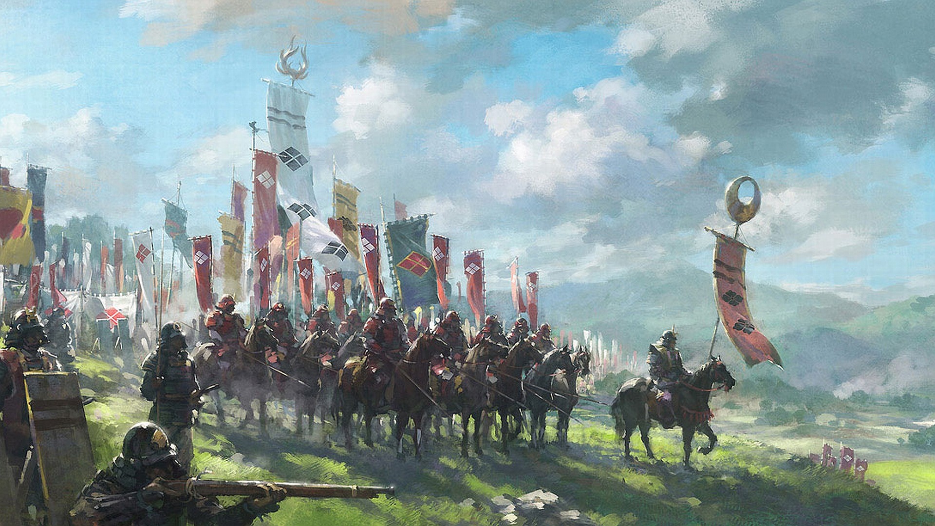 Cavalleria samurai, Stendardi, Esercito, Pittura digitale, Full HD, sfondo per portatile