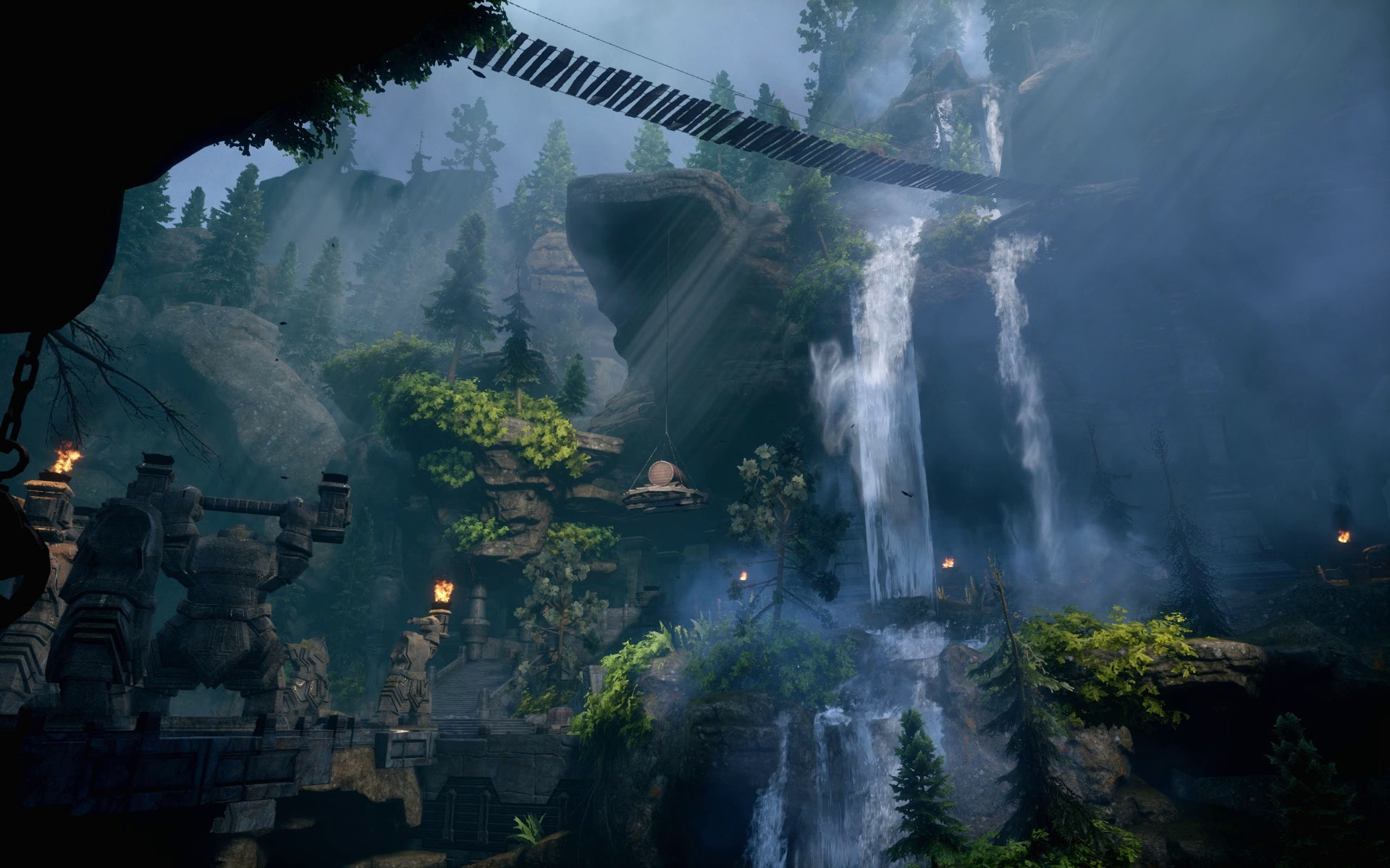 Dragon Age: Inquisition, Cascata, Foresta, Rovine, Ponte sospeso, sfondo Full HD per PC