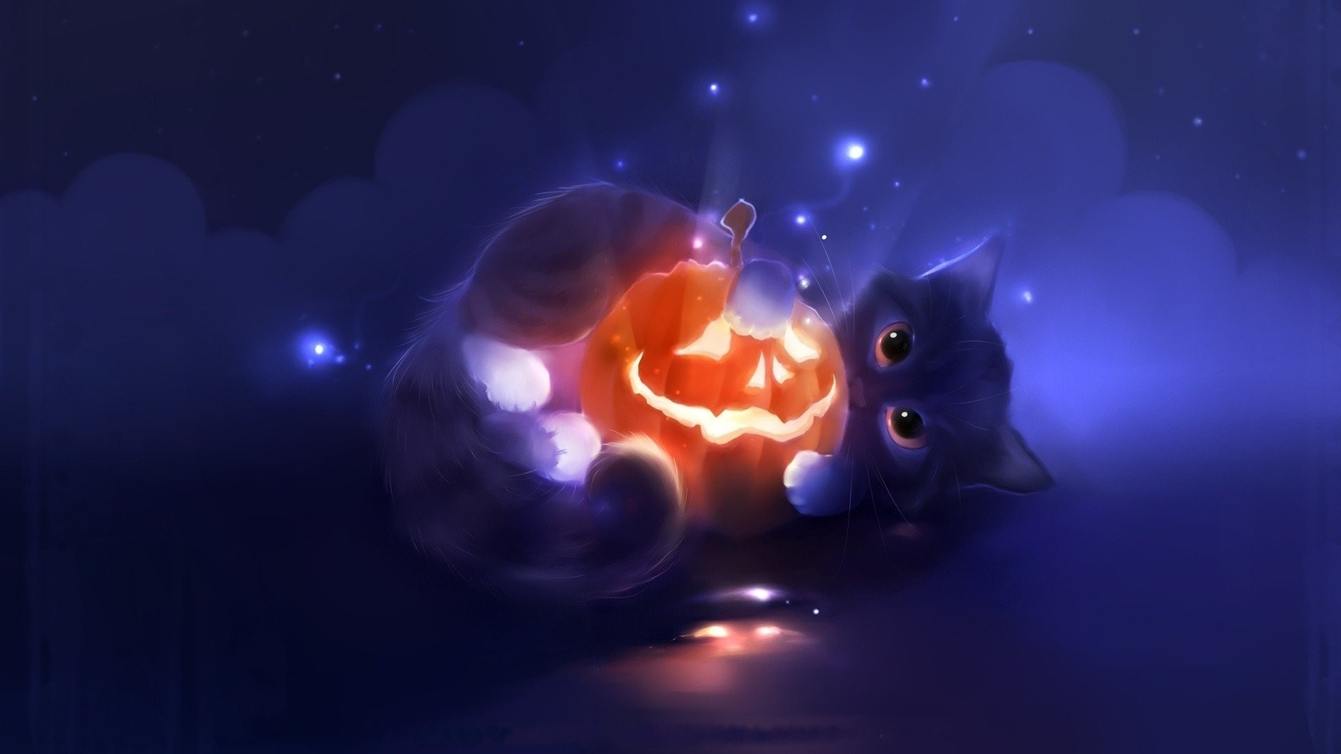 Gatto nero, Jack-o'-lantern, Blu, Illustrazione, Full HD 1080p, sfondo desktop