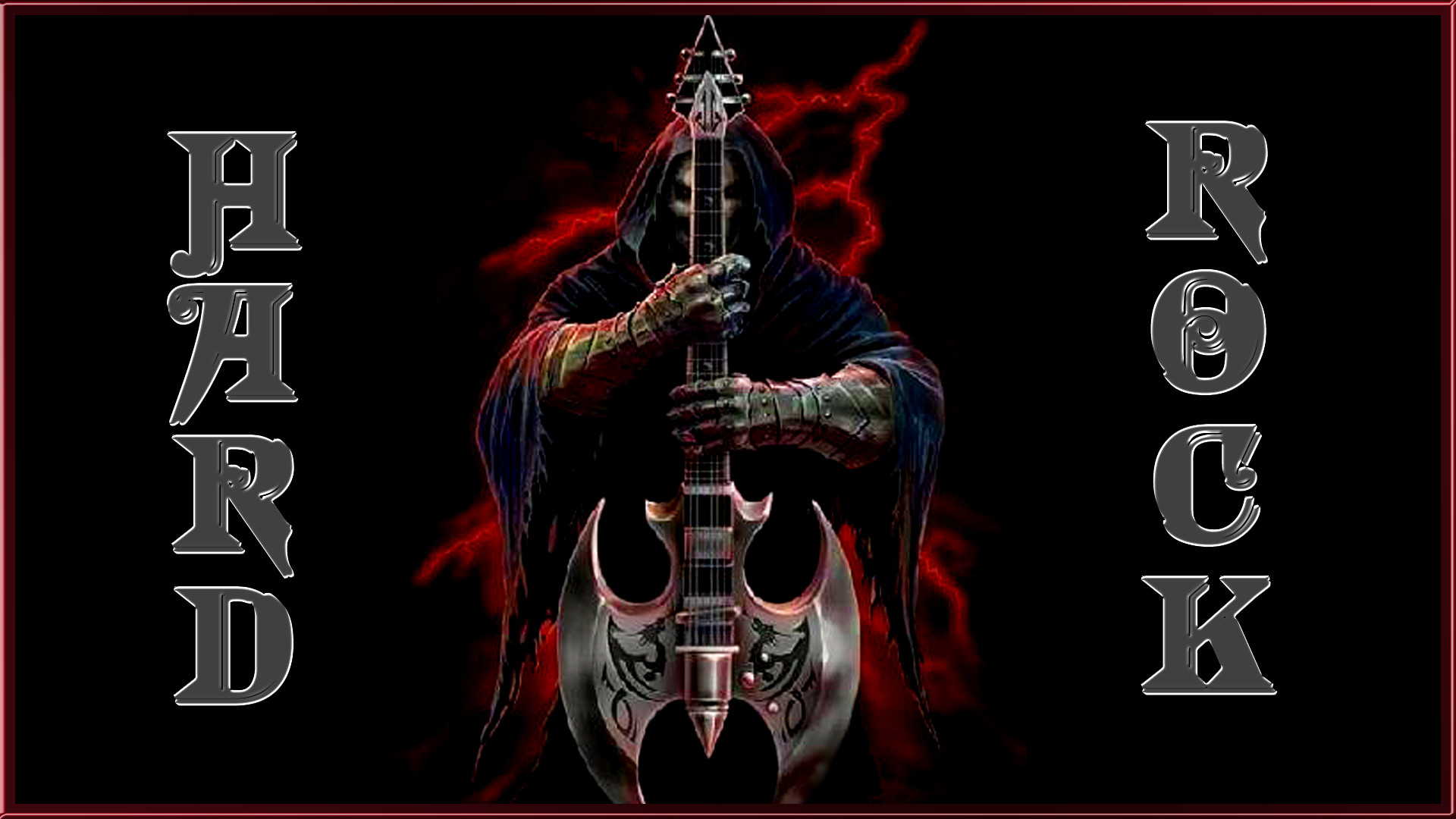Hard rock, Mietitore, Chitarra ascia, Sfondo nero, Full HD, wallpaper per computer