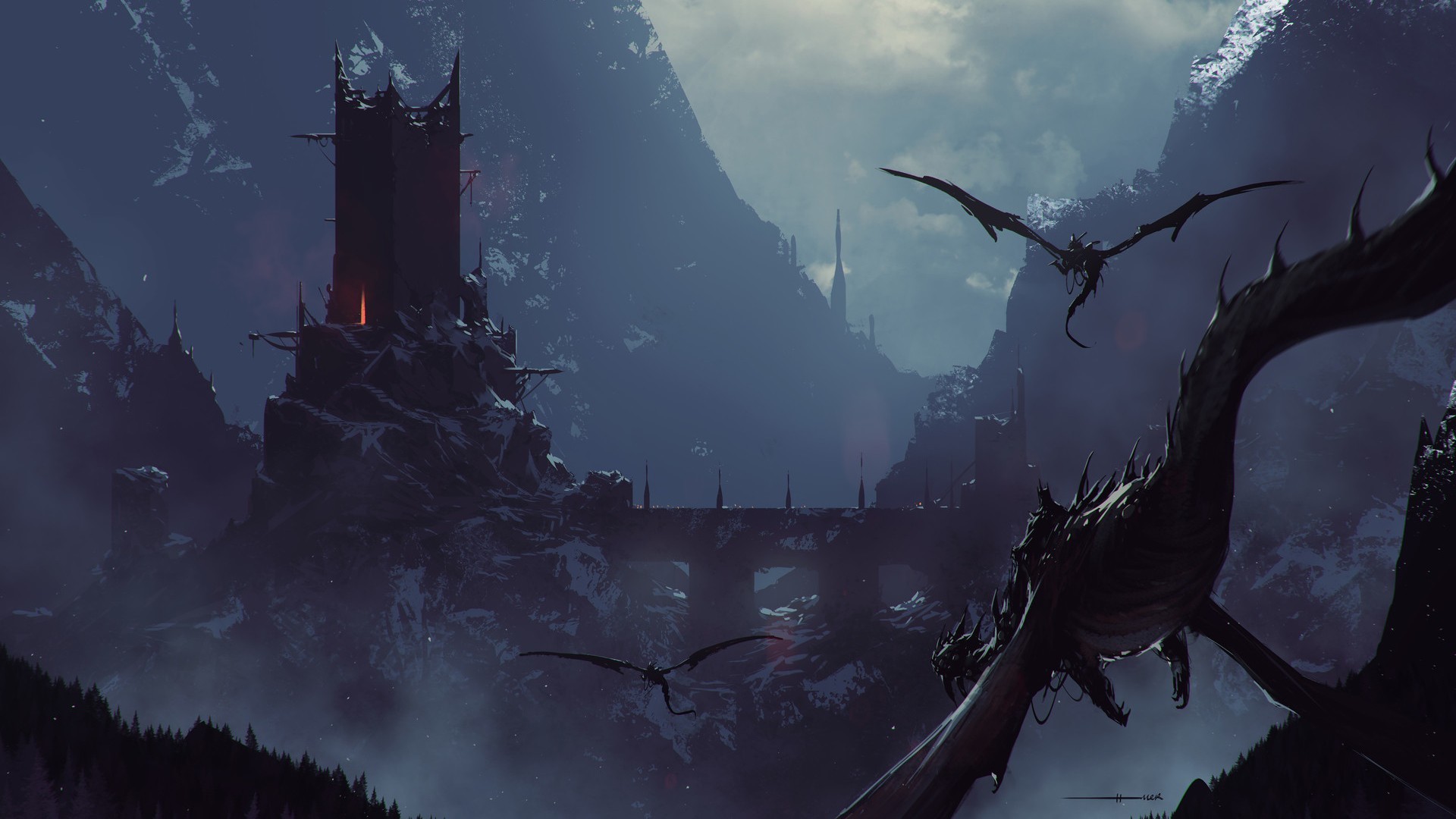 Dark Souls, Draghi, Castello, Montagne, Paesaggio fantasy, 1920x1080, immagine di sfondo