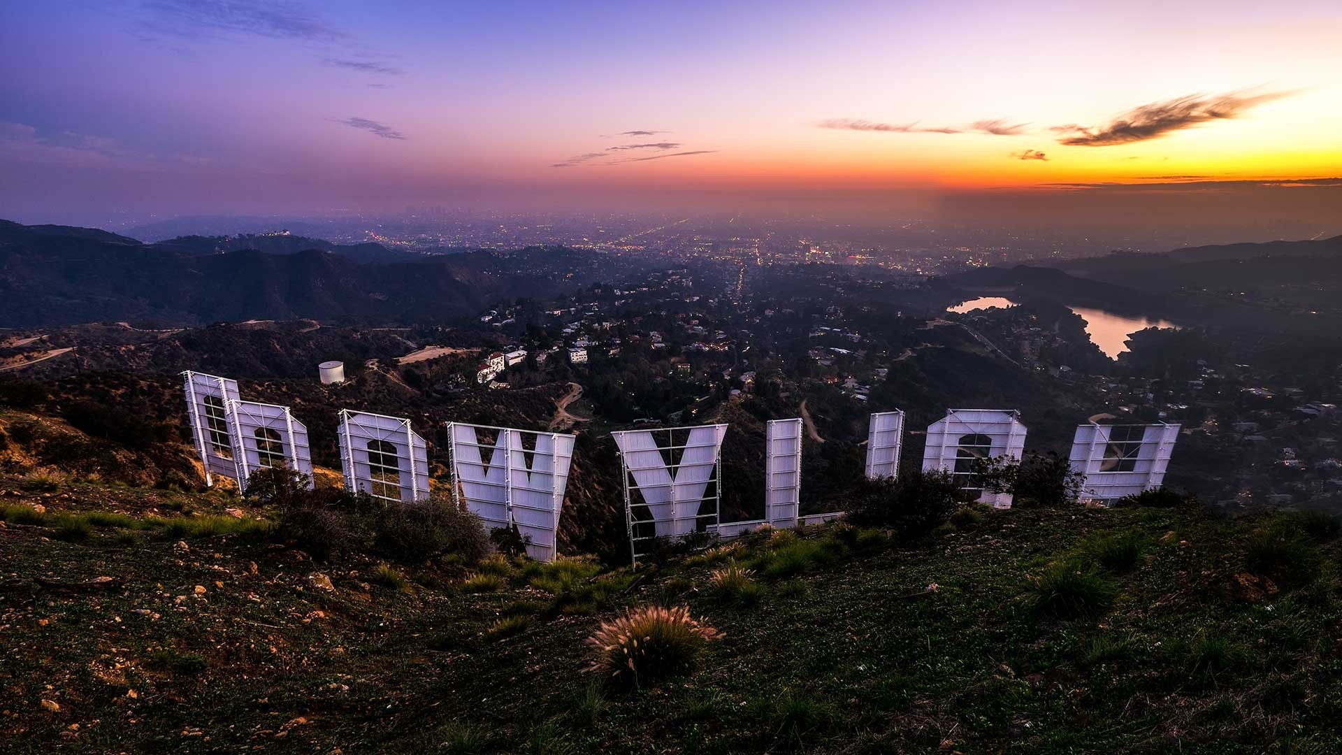 Scritta Hollywood, Hollywood Hills, Los Angeles, Tramonto, Full HD, sfondo Windows 11