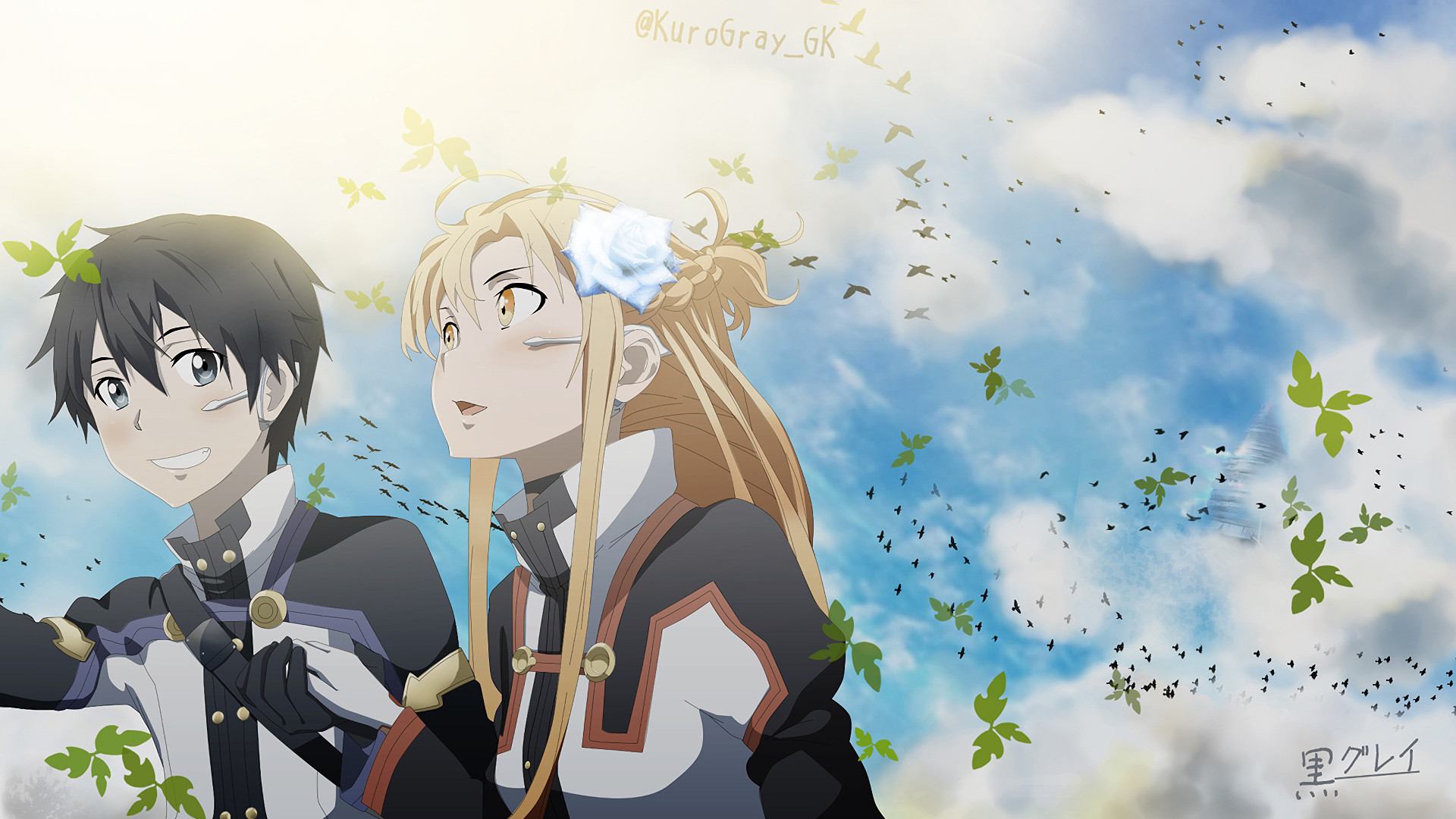 Kirito, Asuna, Sword Art Online, Cielo, Uccelli, 1920x1080, sfondo per PC