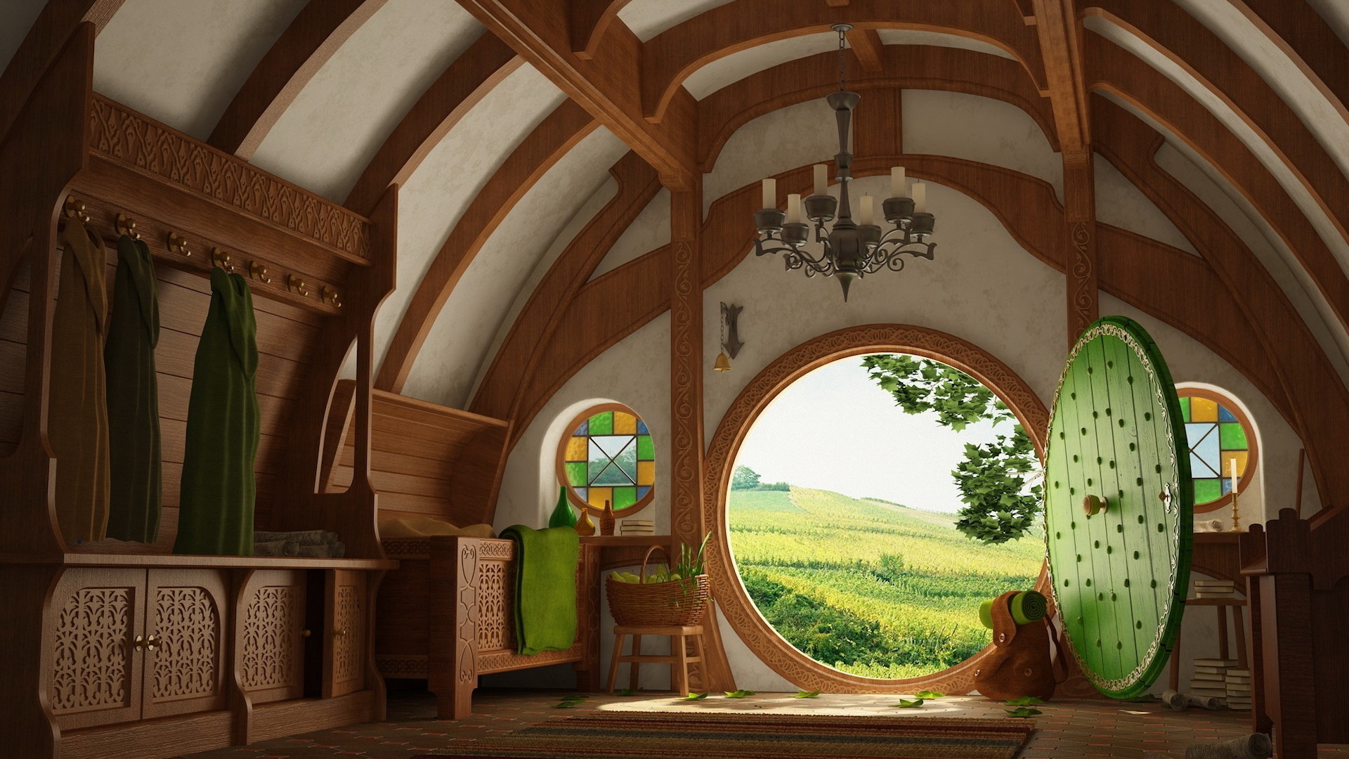 Casa Baggins, Hobbiton, Il Signore degli Anelli, Porta rotonda, Interni, sfondo desktop 1080p