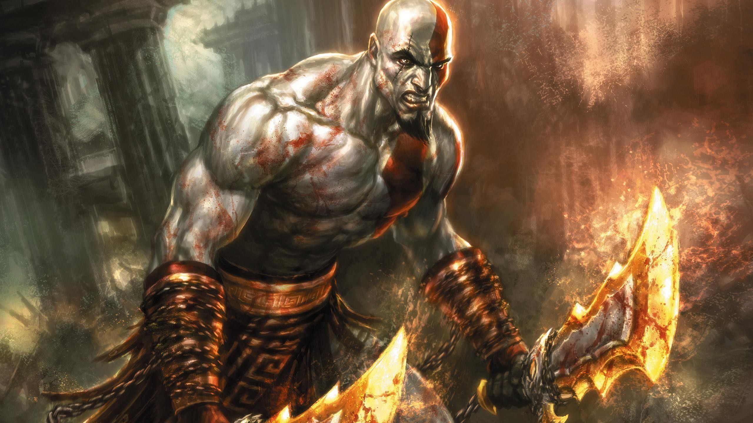 Kratos, God of War, Lame del Caos, Fiamme, Arte digitale, 2K 1440p, sfondo desktop