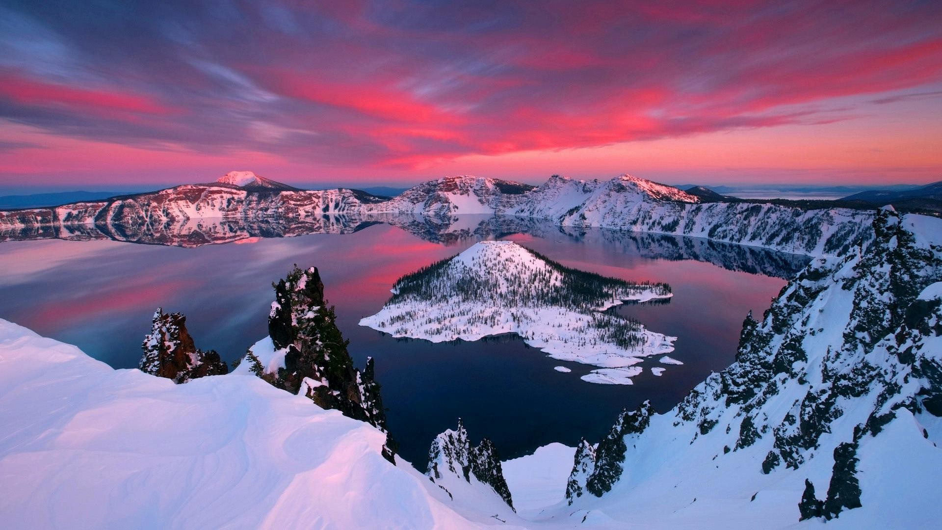 Crater Lake, Wizard Island, Oregon, Tramonto, Cielo rosa, Full HD, wallpaper desktop