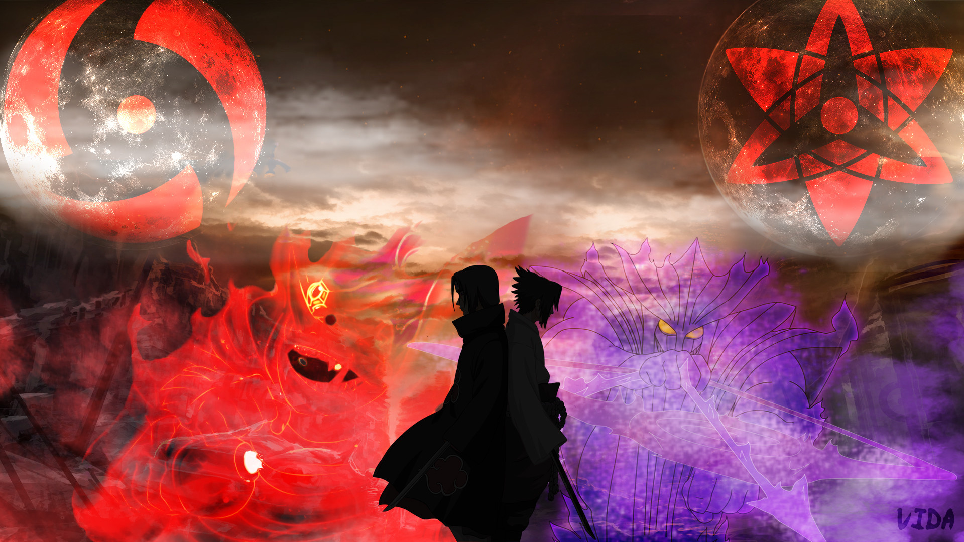 Itachi Uchiha, Sasuke Uchiha, Susanoo, Mangekyō Sharingan, 1920x1080, sfondo per PC