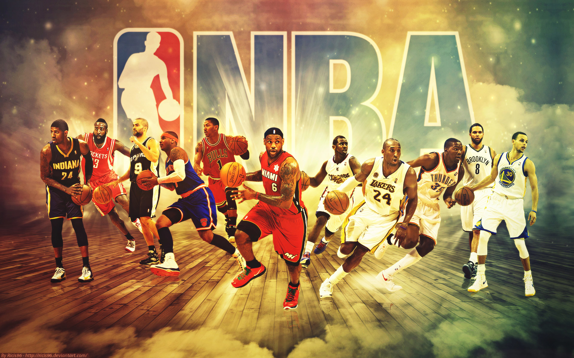 NBA, Logo NBA, Stelle NBA, Pallacanestro, Collage, Full HD, sfondo per PC