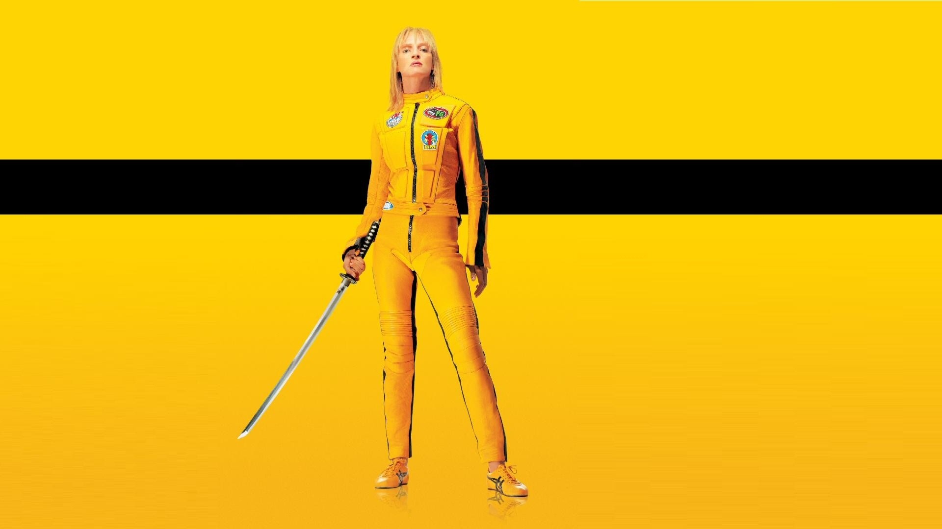 Kill Bill, Uma Thurman, La Sposa, Tuta gialla, Katana, Sfondo giallo, wallpaper desktop Full HD