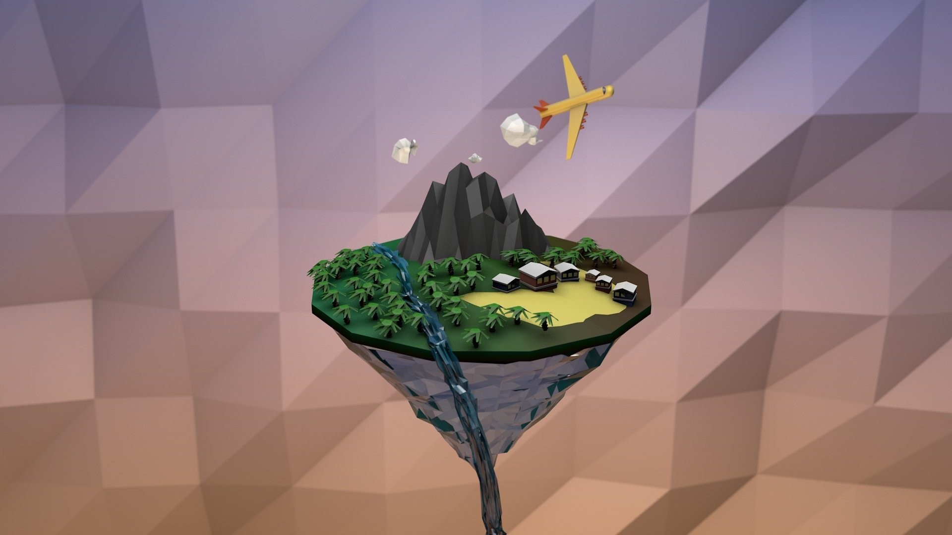 Low poly, Isola volante, Aereo, Cascata, Full HD, sfondo per portatile