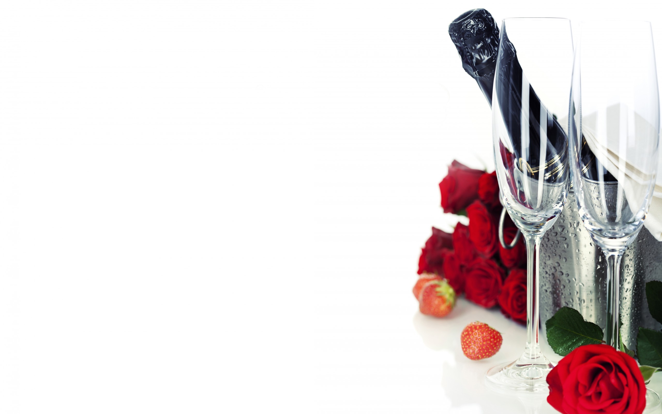 Champagne, Flûte, Rose rosse, Fragole, Sfondo bianco, 2K, wallpaper per PC