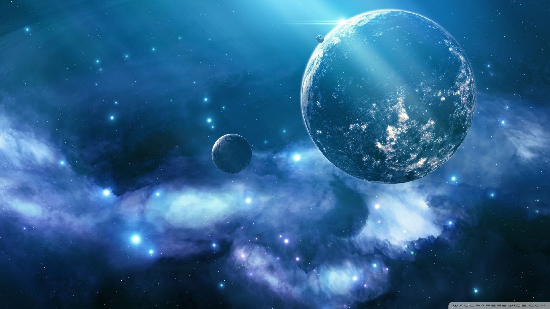 Pianeta, Luna, Nebulosa, Spazio, Blu, Full HD, sfondo Windows 11