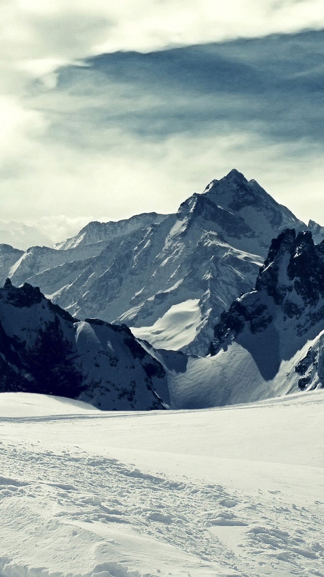 Montagne innevate, Neve, Cielo nuvoloso, wallpaper iPhone 7