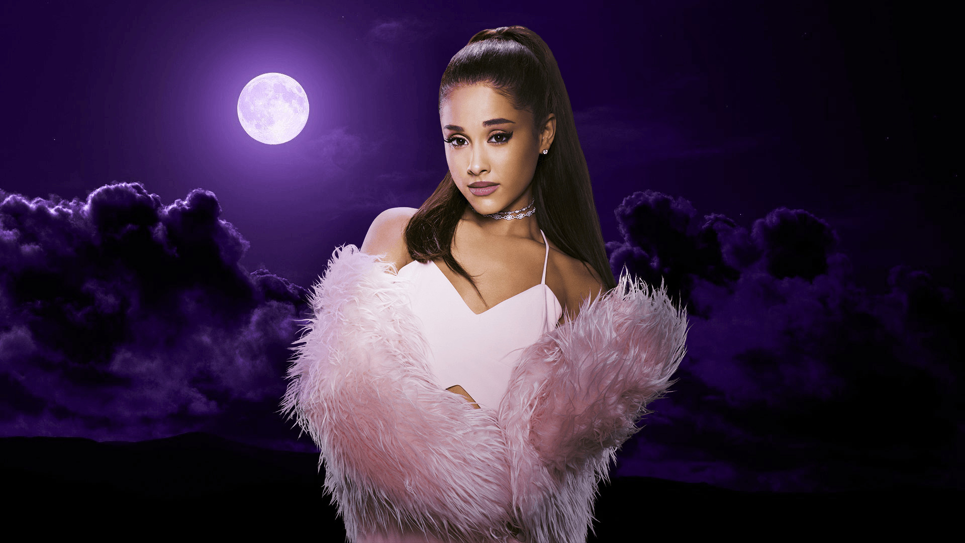 Ariana Grande, Luna piena, Notte, Pelliccia rosa, Cielo viola, Full HD, sfondo per PC