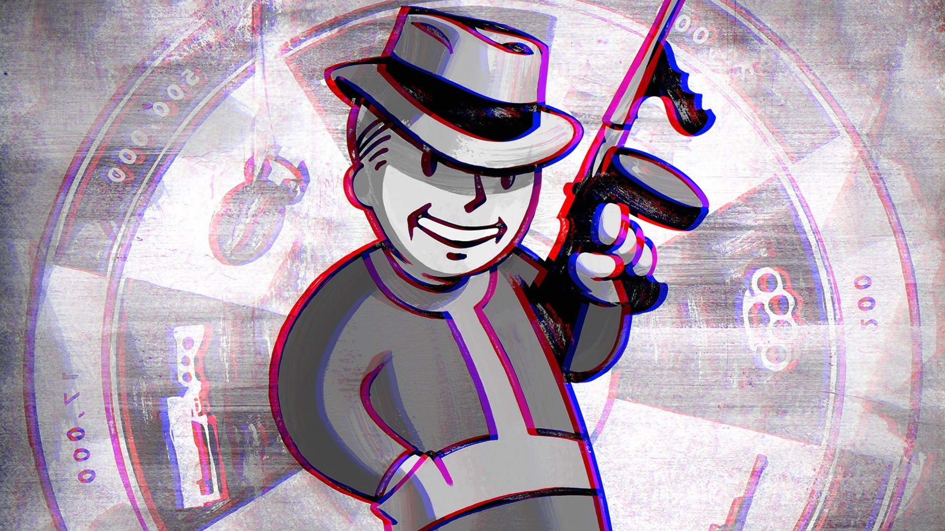 Vault Boy, Fallout, Gangster, Mitra Thompson, Effetto glitch, Full HD, sfondo Windows 11