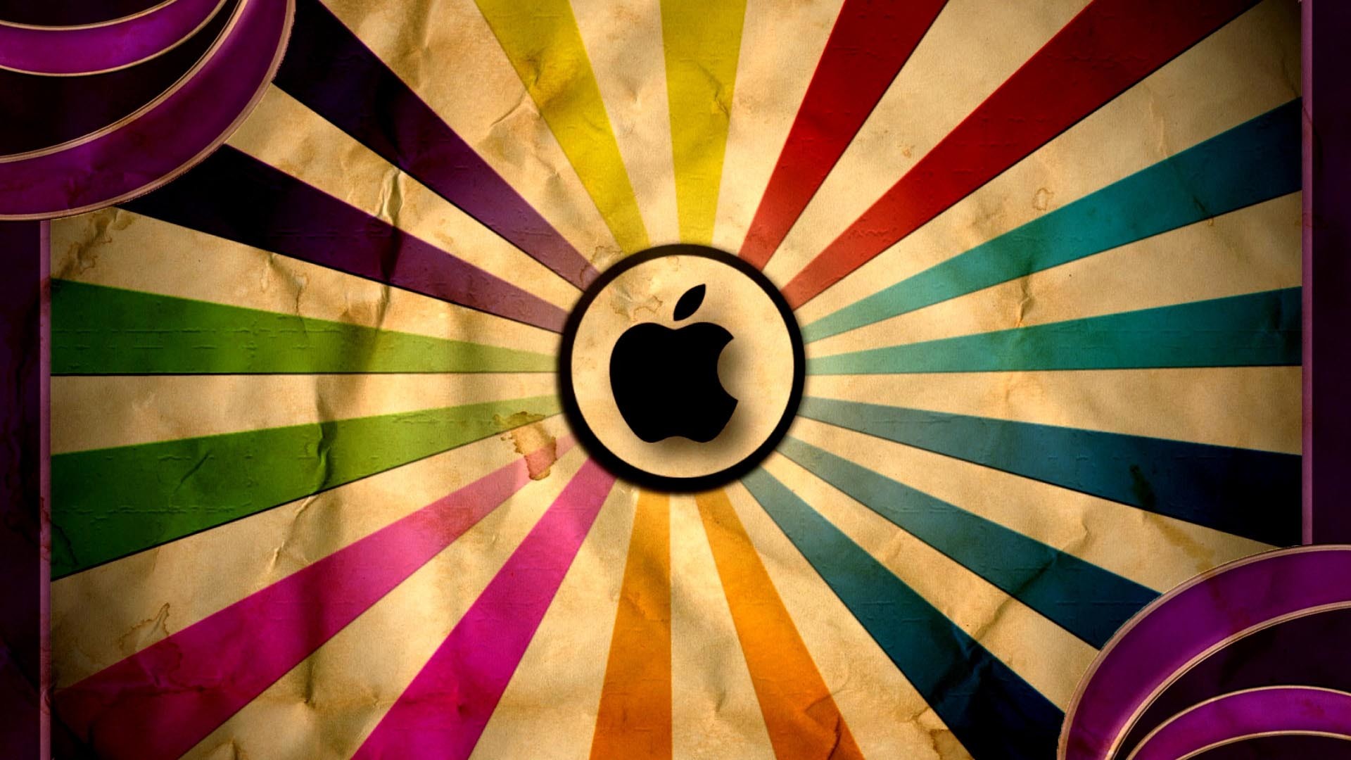 Logo Apple, Raggi colorati, Retrò, Carta stropicciata, 1920x1080, immagine di sfondo