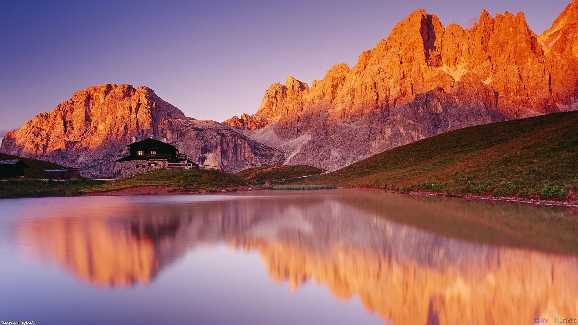 Pale di San Martino, Dolomiti, Enrosadira, Lago, Tramonto, Full HD, sfondo Windows 11