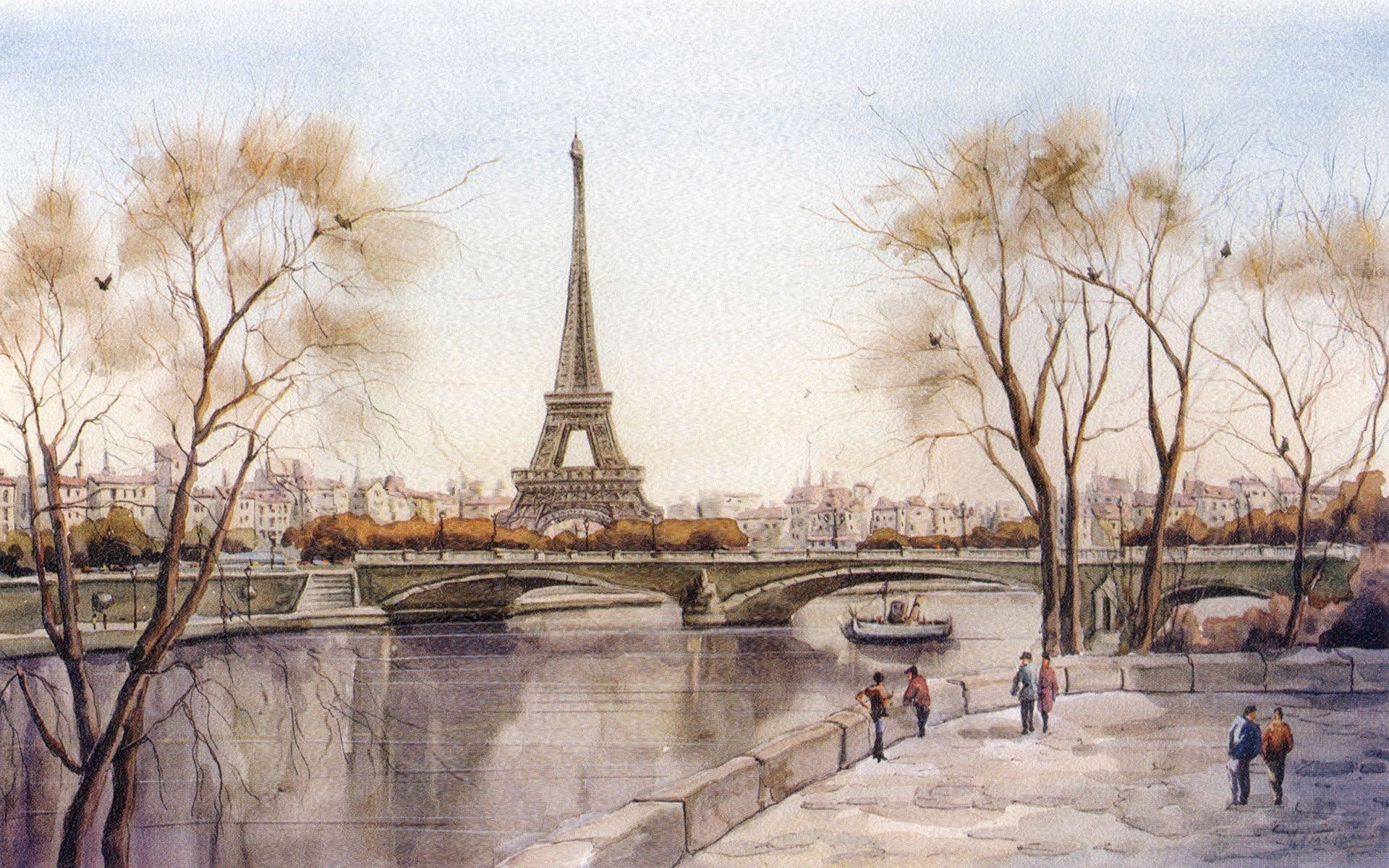 Torre Eiffel, Senna, Parigi, Acquerello, 1920x1200, immagine di sfondo